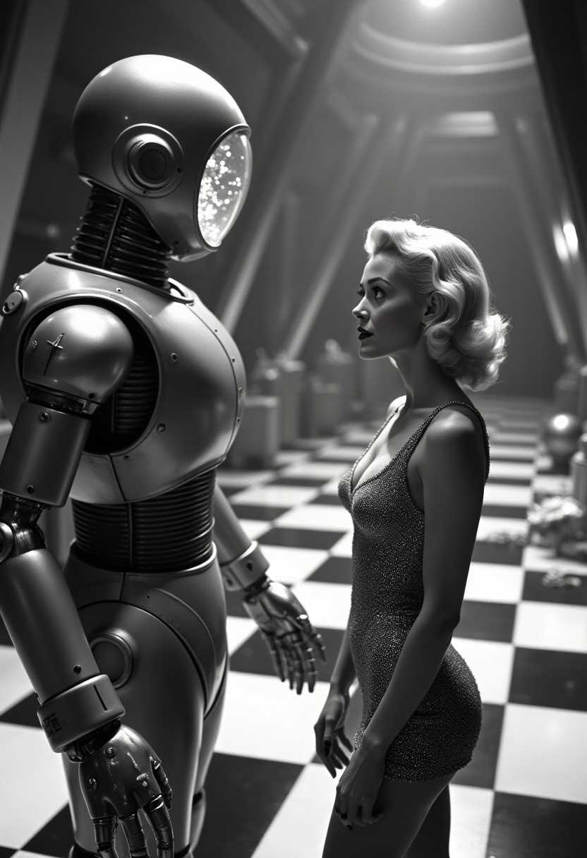 In this still frame from a 1950's science fiction movie, a beautiful blonde actress with wavy hair styled in a glamorous 1950s fashion, wearing a very short, shimmering metal mesh dress with a plunging neckline that sparkles under the lights, is positioned at the center of the frame. She is seen talking to a large humanoid robot with a glass dome for a head. Inside the dome, twinkling lights flicker, giving the robot an almost sentient presence. The robot, made of shiny metal, has articulated arms and legs, and stands facing the actress. 

The scene is set inside an alien laboratory, depicted with grandiose, futuristic architecture. Large vertical structures traverse the space, casting elongated shadows on the black and white checkerboard floor that is highly reflective, creating an almost surreal visual effect. The lighting is dramatic, with high contrast typical of the black and white film era, highlighting the reflective surfaces and the intricate details of the laboratory equipment scattered around. The overall mood is tense and mysterious, capturing the essence of classic science fiction, with an air of suspense and otherworldly intrigue.