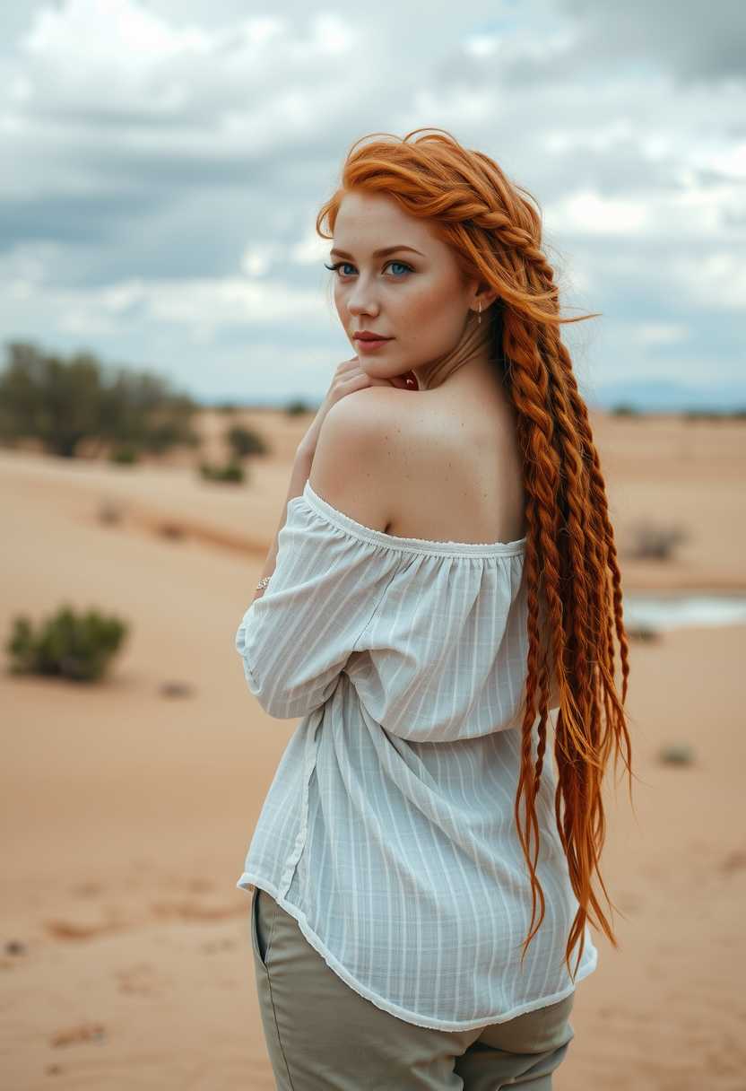 Ruda2, Ruda, low-quality noisy photo of Red hair,woman Ruda in Australian desert, natural skin, freckles, small imperfections, full body far semi-front shot, matte skin, high depth of vision, Ruda is visible from 10 meters, she white loose shirt, and sandy pants, she has many small short braids made of her hair, she is looking back