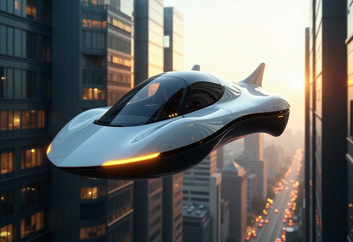 This image depicts a futuristic, sleek, and aerodynamic flying vehicle that appears to be a concept flying car. The vehicle is predominantly white with black and yellow accents, giving it a hightech and modern appearance. The design is streamlined, with sharp angles and a lack of traditional car features, suggesting a focus on advanced technology and efficiency. The flying vehicle is shown in a city environment, with tall buildings, flying high about 500 feet above the ground. The architecture is modern and reflective, with glass facades that catch the sunlight, creating a shimmering effect. The sky is clear, and the light suggests it could be either early morning or late afternoon.The vehicles design is highly futuristic, with a sharp nose that slopes downwards, giving it a sharklike appearance. The windshield is large and curved, with a clear, almost transparent quality. The side windows are also curved, and the doors appear to be flush with the body of the car, likely sliding open rather than swinging outwards.The vehicles wheels are not visible, which is consistent with the overall futuristic and streamlined design. Instead, the focus is on the body of the car, with its clean lines and lack of extraneous details. The yellow accents are subtle but noticeable, with a neonlike glow that adds to the vehicles hightech aesthetic.The medium of the image appears to be digital rendering, given the high level of detail and realism. The lighting and shadows are well executed, with reflections and highlights that give the image a lifelike quality. The vehicles design is both functional and aesthetically pleasing, with a focus on clean lines and a modern, hightech look.