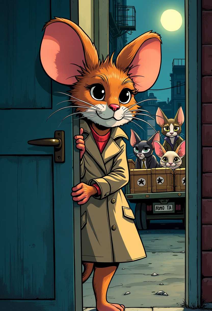 Title: "Danger Mouse" Magazine Cover

In the foreground, a cute anthro female mouse is positioned at the center of the magazine cover, peering cautiously from behind a partially open door. Her expressive eyes convey a mix of determination and stealth as she observes the scene beyond. She is adorned in a classic yet stylish beige trench coat that emphasizes the playful anthropomorphic design with its textured fabric and subtle shadows, accentuating her slender form.

Through the doorway, in the background, the scene reveals a group of realistic, cunning cats engaged in illicit activities. They are depicted with sleek, multicolored fur and a variety of expressions, loading crates marked with suspicious symbols onto a dimly-lit, industrial truck. The truck's metallic details and shadows create a sense of depth and intrigue.

The setting is a dimly lit alley at dusk, casting long shadows and imbuing the cover with a suspenseful, film-noir atmosphere. The lighting is dramatic, with the mouse's features illuminated by warm light, while cooler hues dominate the background, enhancing the sense of secrecy and danger.

Artistic Style: A blend of comic book art with a touch of realism, utilizing striking outlines and bold colors that pop against the understated, gritty environment. 

The composition is well-balanced, with