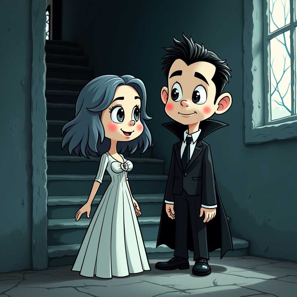 This image is a 3 dimensional illustration, likely created digitally, given the crisp lines and lack of texture that are common in digital art. The art style is reminiscent of a cartoon with a vintage flair, characterized by its exaggerated features, such as the large head and small body, which are typical in caricature.The color palette is limited but evocative, with a predominance of dark blues, blacks, and grays that give the scene a moody and somewhat foreboding atmosphere. The characters are outlined in a thin, black line, which stands out against the darker background, drawing the viewers attention to their expressions and poses.The characters are dressed in costumes that suggest a gothic theme. The figure on the right is wearing a black suit with a white shirt and a dark tie, and a cape that drapes over one shoulder. The cape is detailed with a lighter shade of black, creating a sense of depth and volume. The characters hair is black and slicked back, and the ears are pointed, which are common characteristics of a vampire.The figure on the left is wearing a long, flowing dress that is predominantly white with vertical stripes, giving it a classic gothic look. The dress has a fitted bodice with a bow at the waist, and the sleeves are long and full, ending in gloves. The characters hair is a muted bluegray, styled in waves, and the eyes are large and expressive.The background of the image is a dark, stone staircase leading up to a doorway, with a window to the right that allows a ray of light to enter, casting a shadow on the wall. The window frame is detailed with a pattern of branches, which adds to the gothic ambiance. The stairs are empty, and there is a sense of stillness in the scene.Overall, the image conveys a sense of mystery and foreboding, with its gothic costumes and moody color scheme, and it is likely intended to evoke a sense of nostalgia for classic cartoons.