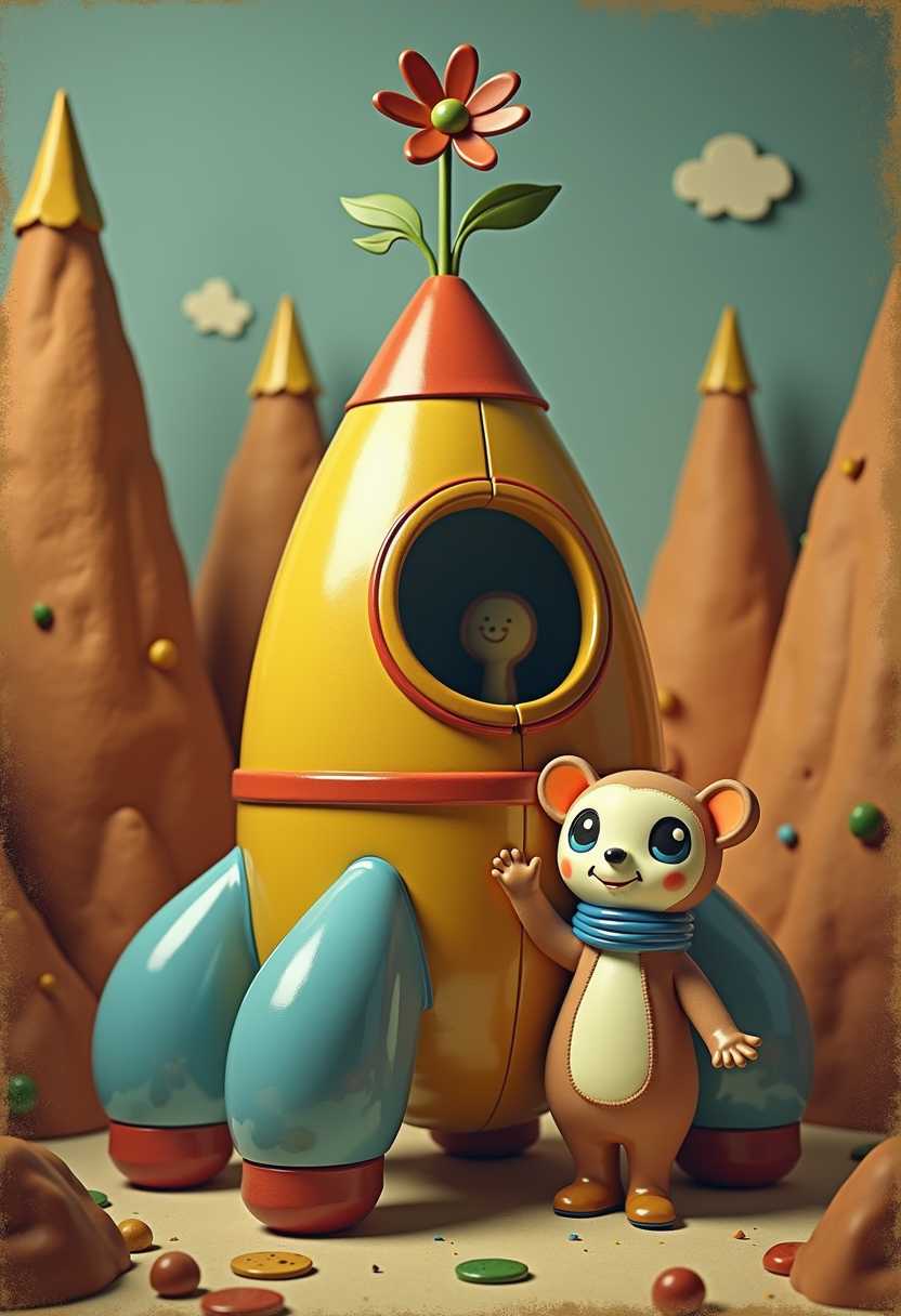 This image features a whimsical and fantastical art style, reminiscent of midcentury modern design with a touch of surrealism. The medium appears to be a photograph, given the texture and lighting, although it could also be a digitally manipulated image due to its stylized and vibrant nature.The colors in the image are rich and varied, with a warm palette dominated by yellows, oranges, and browns. These colors are complemented by blues, greens, and touches of red, creating a vibrant and inviting atmosphere. The contrast between the warm and cool tones adds depth and dimension to the scene.The objects in the image are central to the composition and contribute to the overall whimsical feel. At the forefront, there is a large, conical rocket ship with a metallic gold exterior and a red stripe. The rocket ship has a playful, childlike design, with oversized blue spherical engines at the base and a colorful flower on top, which adds a touch of fantasy to the otherwise mechanical object.The rocket ship is inhabited by a small, anthropomorphic creature with a round head, large blue eyes, and a friendly smile. It has a brown body with a white belly and is wearing a blue scarf around its neck. The creature is holding onto the side of the rocket ship with one hand and appears to be waving or reaching out with the other.In the background, there are stylized representations of mountains or hills, painted in warm tones of orange and brown. These mountains are abstract and exaggerated, with sharp, jagged edges that give the impression of a fantastical landscape.Overall, the image exudes a sense of joy, imagination, and playfulness, inviting the viewer into a world where the ordinary is turned upside down and replaced with the extraordinary.