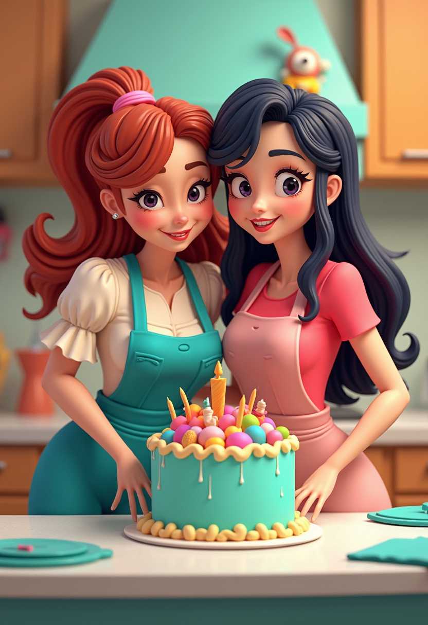 This image is a colorful and stylized illustration of two 3d cartoon female characters making a cake.