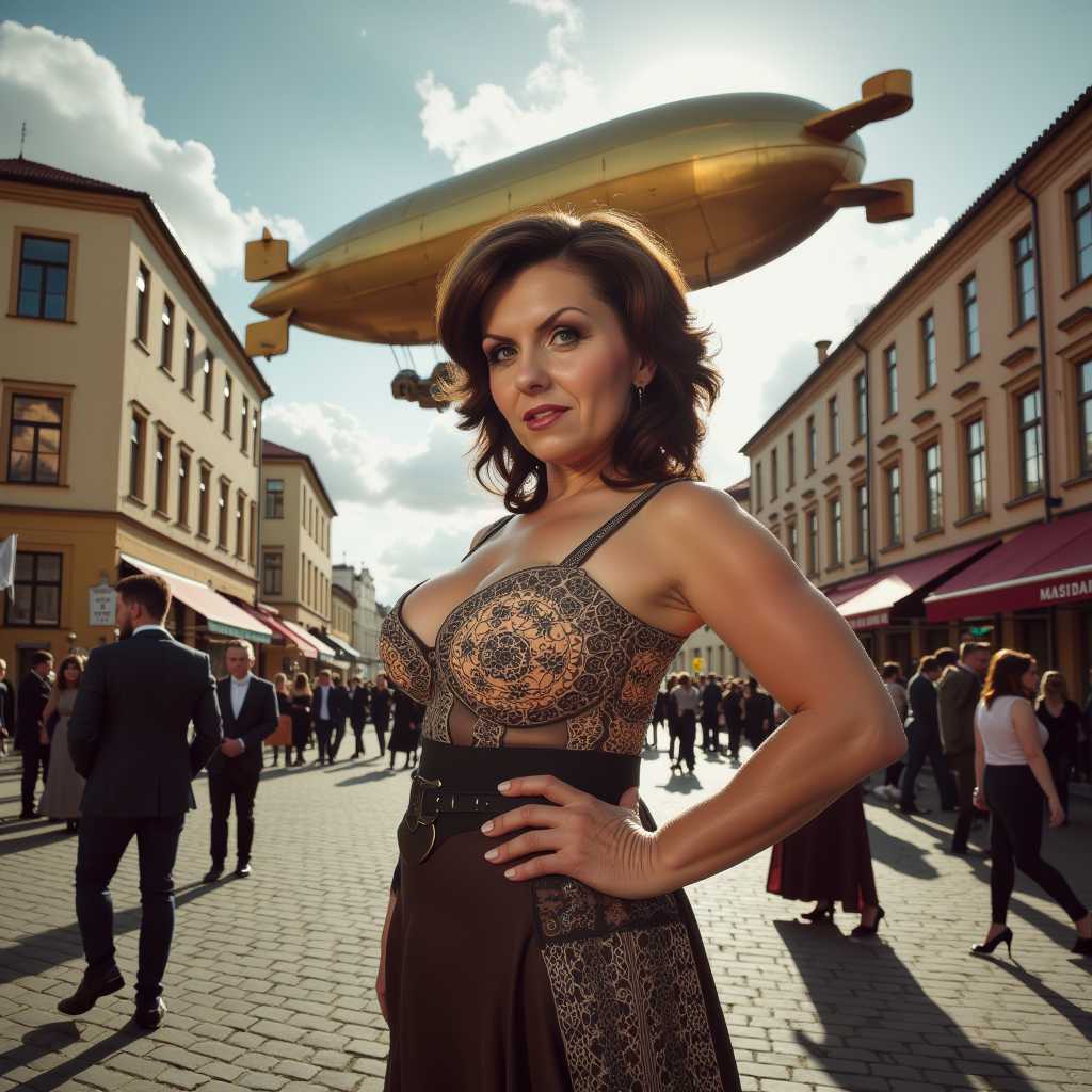 Portrait of a Visible Light Body Art (VLBA) woman striking a confident pose in a bustling Polish street scene. The backdrop is a vivid steampunk fantasia with intricately designed airships floating gracefully in the sky, their brass and copper exteriors glistening under a warm afternoon sun. The street is alive with elegantly dressed bystanders, their attire blending Victorian elegance with futuristic gadgets and accessories. The scene is rich with textures—the polished metal of the airships, the worn cobblestones, and the delicate lace and heavy fabrics of the people's clothing. The VLBA woman stands in the foreground, highlighted by soft, natural lighting that enhances her features and the intricate designs of her body art, which glows softly with a bioluminescent quality. The composition captures a slight low-angle perspective that emphasizes the grandeur of the airships and the dynamic atmosphere. The mood is vibrant and whimsical, with a hint of nostalgia, as warm light filters through puffy clouds, casting gentle shadows that lend depth and dimension to the scene. The overall atmosphere resonates with a blend of historical charm and imaginative futurism, inviting the viewer into a steampunk world where past and future converge.