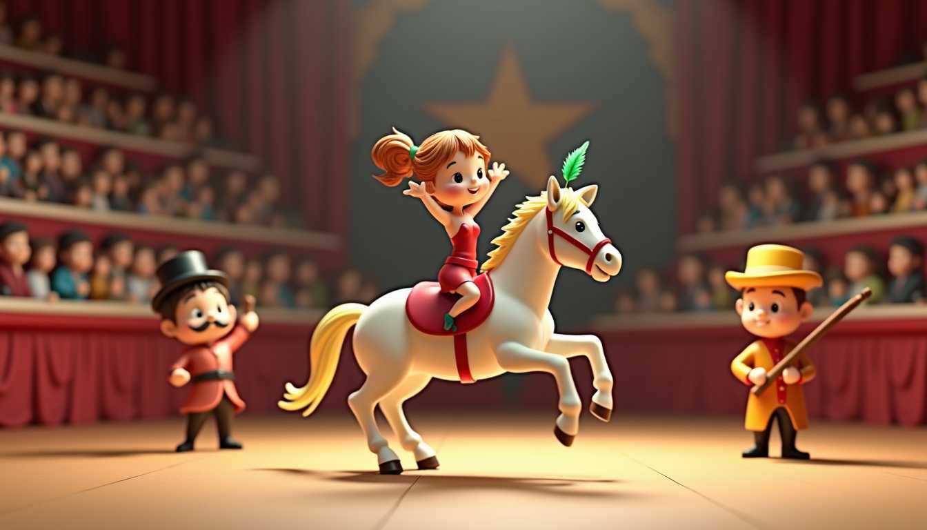 3d toy circus diorama. The 3d cartoon circus performers, chibi big heads, large eyes,  are dressed in costumes that complement the warm tones of the image, the lady performers on the horse are red, while the male performers on the ground are in shades of brown and black.The objects in the image include1. A white horse, which is the centerpiece of the scene. The horse is depicted in midgallop, with its mane and tail flowing behind it. The horses muscular form is accentuated by the use of light and shadow, giving it a sense of movement and power.2. A beautiful 3d cartoon girl dressed in a red ballet costume is riding on the horses back. The performers arms are raised, and they appear to be balancing on the horses neck. The performers costume is detailed with a red sash and a yellow hat with a green feather.3. A male ringmaster, top hat, handlebar moustache, holds a long cane. The audience is seated in tiered stands, watching the performance. The stands are filled with spectators dressed in period clothing, suggesting that the scene takes place in the late 19th or early 20th century.6. The background of the painting features a curtain with a star design, which is a common symbol associated with circuses.