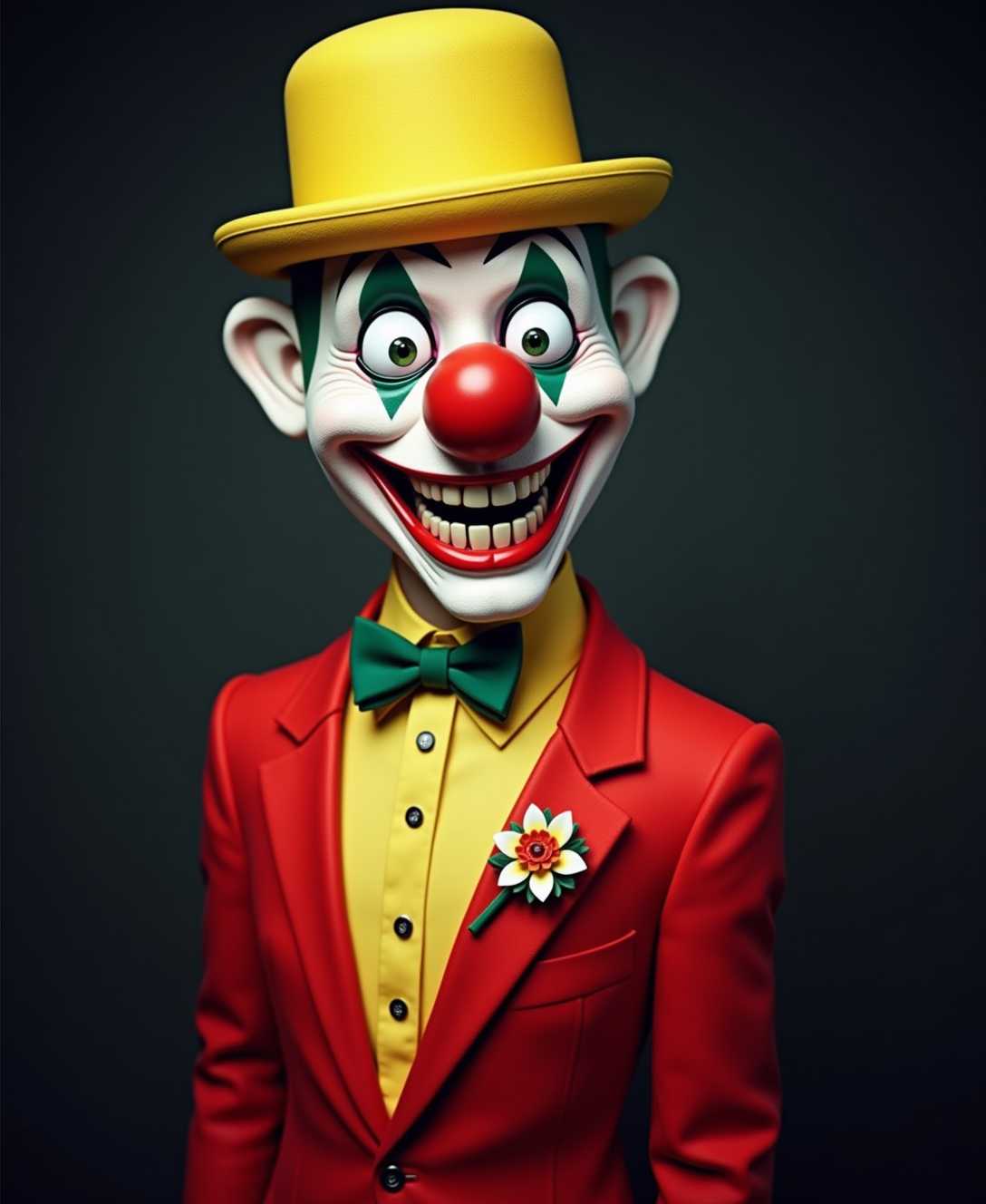 The image depicts a figure dressed in a formal red suit with a highcollared shirt and a flower lapel pin. The character is wearing a yellow bowler hat and has exaggerated facial features reminiscent of a clown, including a large red nose, white face makeup with green around the eyes, and a wide, toothy grin. The overall appearance is a blend of traditional clown makeup with a more sinister, stylized twist. The background is dark, which contrasts with the bright colors of the characters outfit, emphasizing the figure as the focal point.