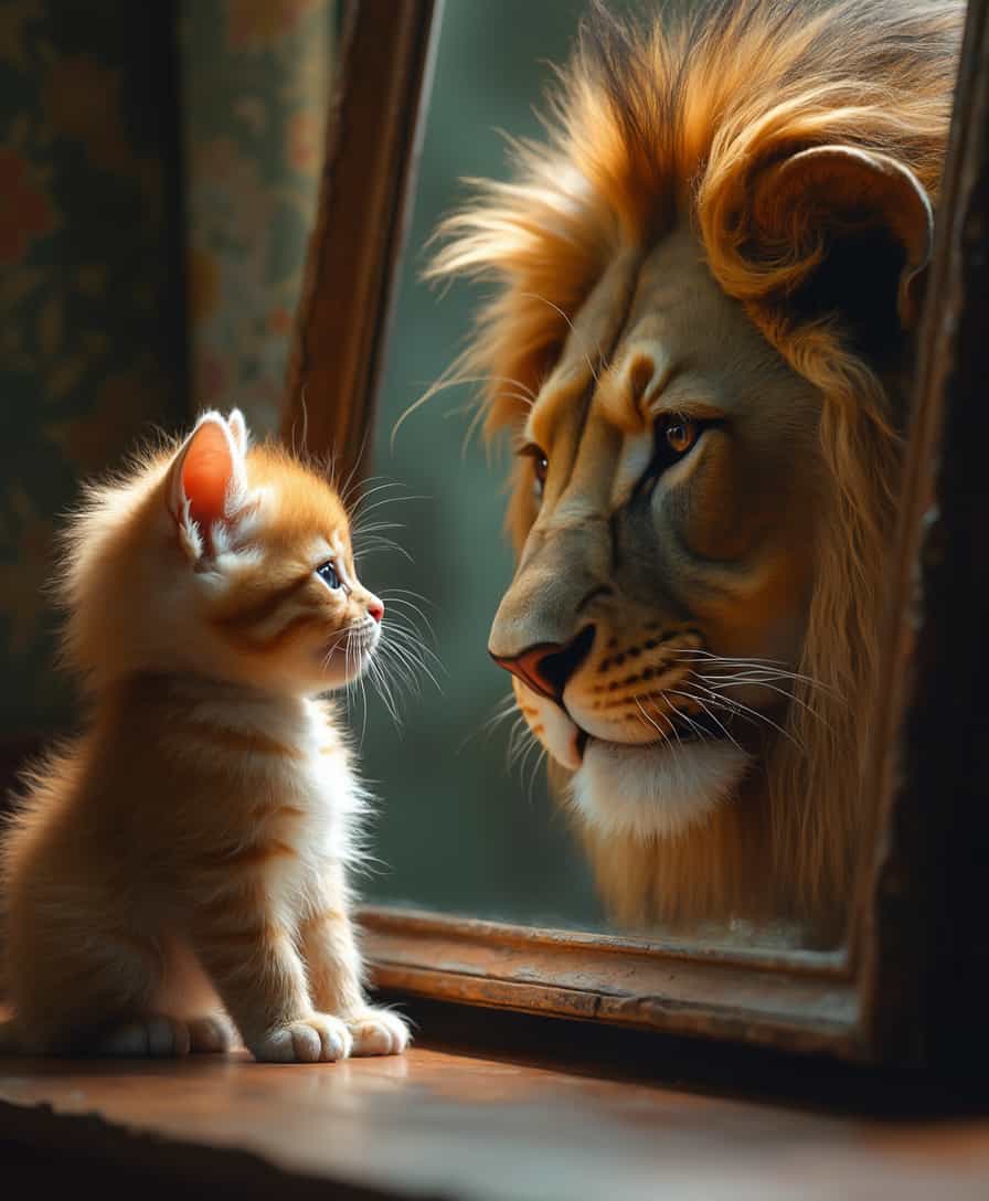 A cute kitten looking in the mirror and seeing an elegant lion reflection, high resolution, highly detailed, photorealistic, cinematic