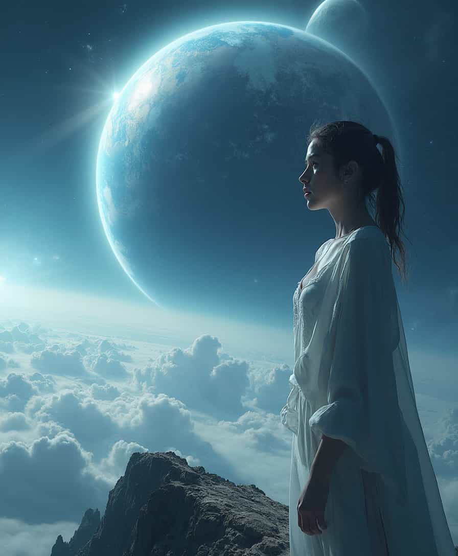 A hyper-realistic digital artwork depicting a woman, a race-themed planet, and an infinite fractal horizon. The piece is a meticulous rendering of the vastness of space, with a bright light from the left, illuminating the scene, highlighting the dynamic interaction between the woman and the planet. The background, a deep blue ocean of whites and grays, adds depth to the scene.