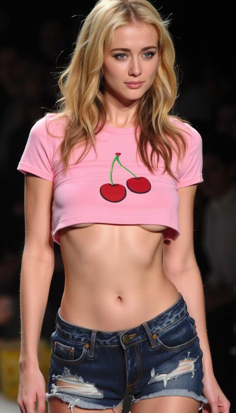 underboob, an IT-Girl at a fashion show wearing a cropped pink t-shirt with a cherry print looking at the camera. She is extremely skinny and has her dark hair dyed blonde. 