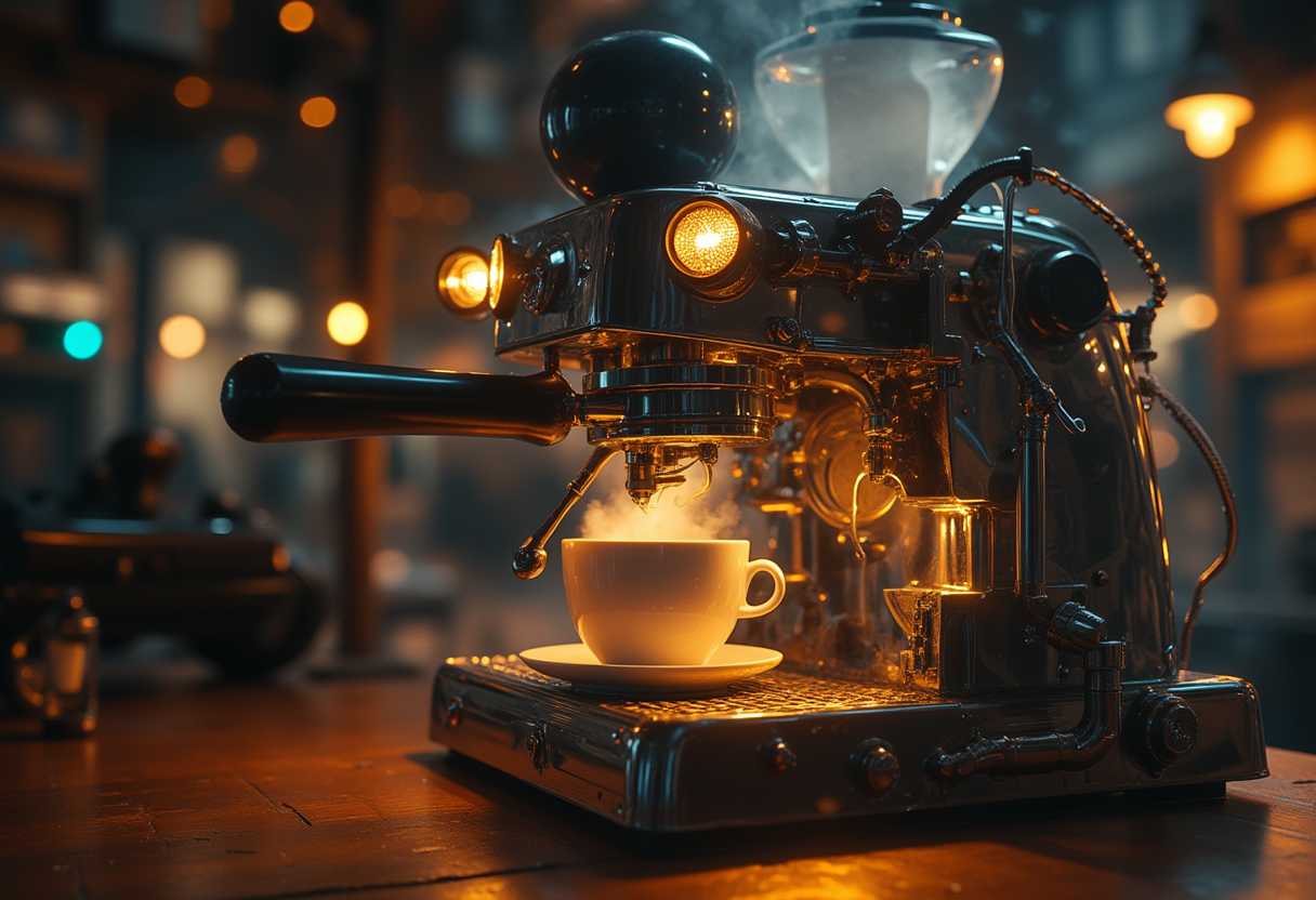 gholstlightning,a coffee machine,making coffee,on table,electricity, 