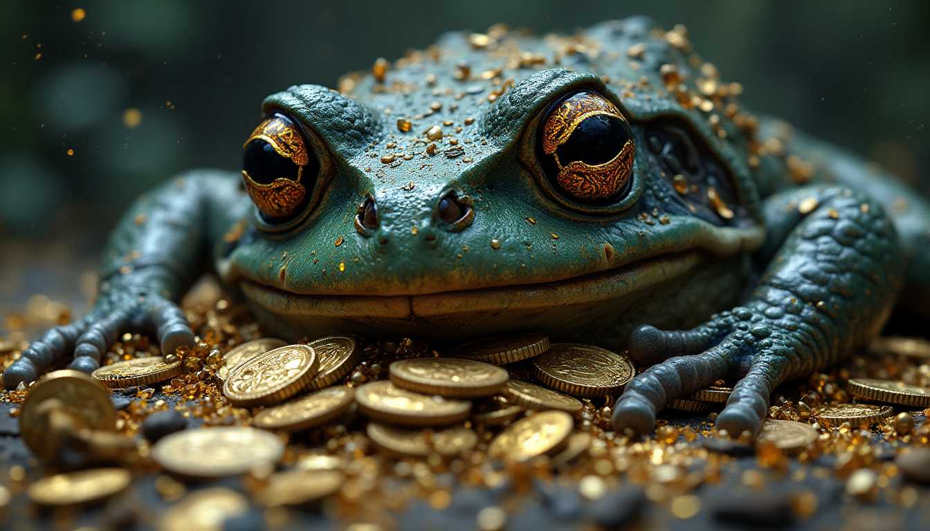 A (((giant))) monstrously enormous toad relaxing on a pile of treasure, enormous house sized toad looming over the pile, hoard of treasure with tiny coins, jewels and many golden things, intricate golden eyes, ((perfect amphibian iris)), (absurd detail, high quality, masterpiece), dark fantasy, night, real graphics,
