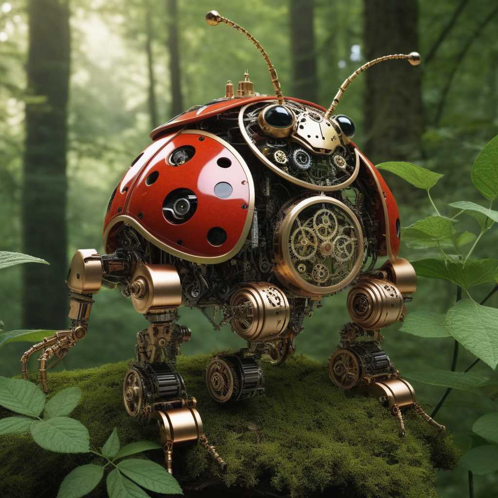 A highly detailed and intricate clockwork robot ladybird. The robot has gears, springs, and other clockwork mechanisms visible on its body. It is sitting on a tree branch. The background is a lush green forest.