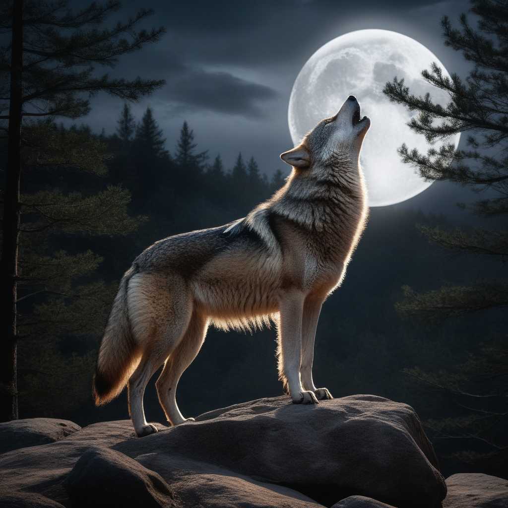 A full-body shot of a majestic wolf howling at the moon. The wolf is standing on a rocky terrain. The wolf is bathed in an ethereal glow, with the moonlight illuminating its fur. The background is dark and filled with trees. The image has a hyper-realistic photorealism style.