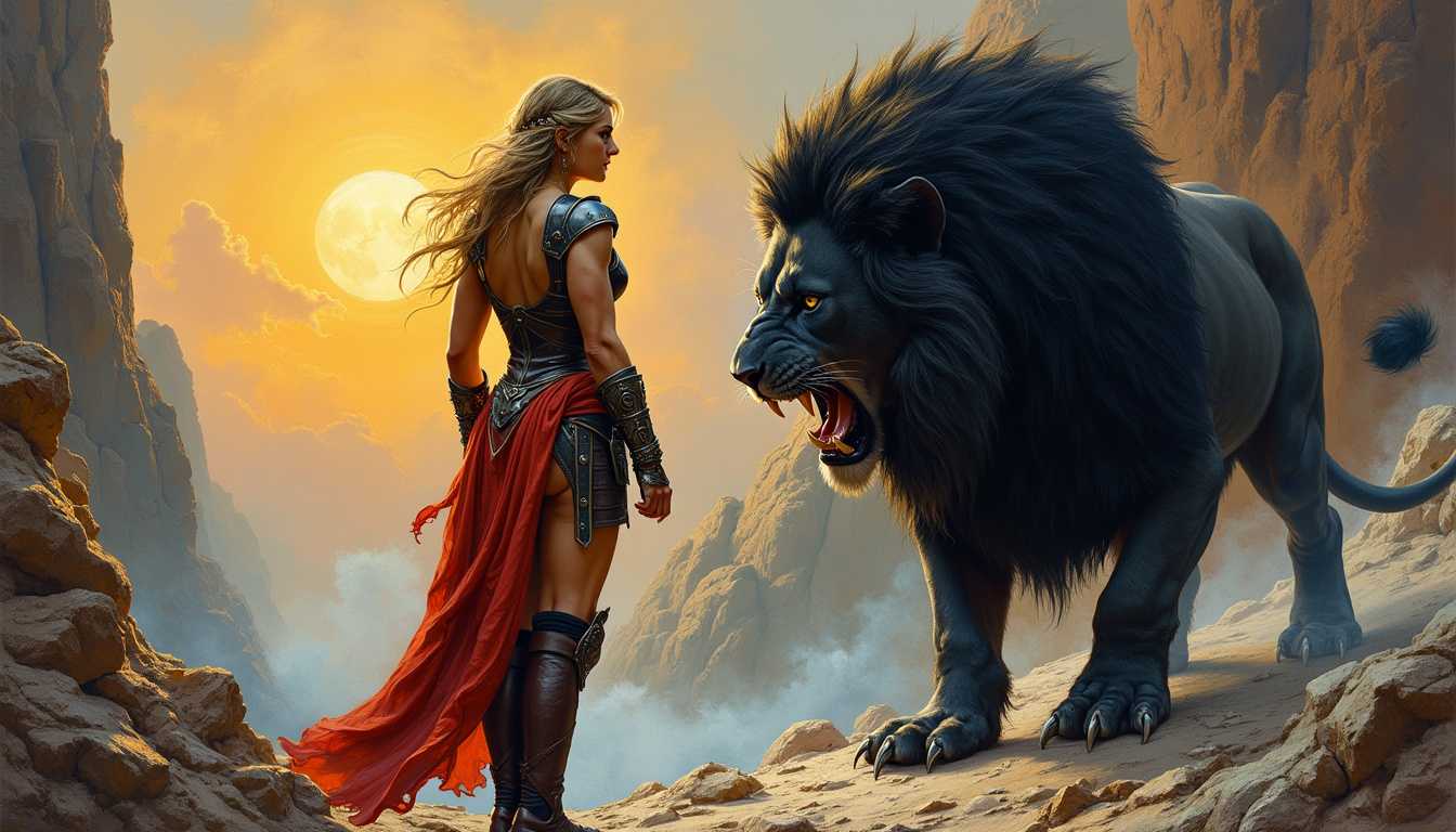 Valiant Warrior Confronts a Roaring Lion in a Desert Canyon at Sunset