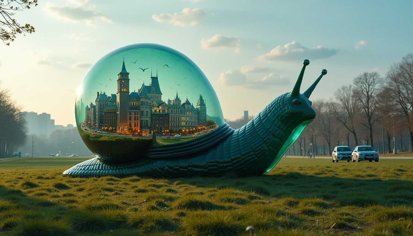 Surreal Snail Sculpture with Glass Shell Revealing a Miniature Cityscape