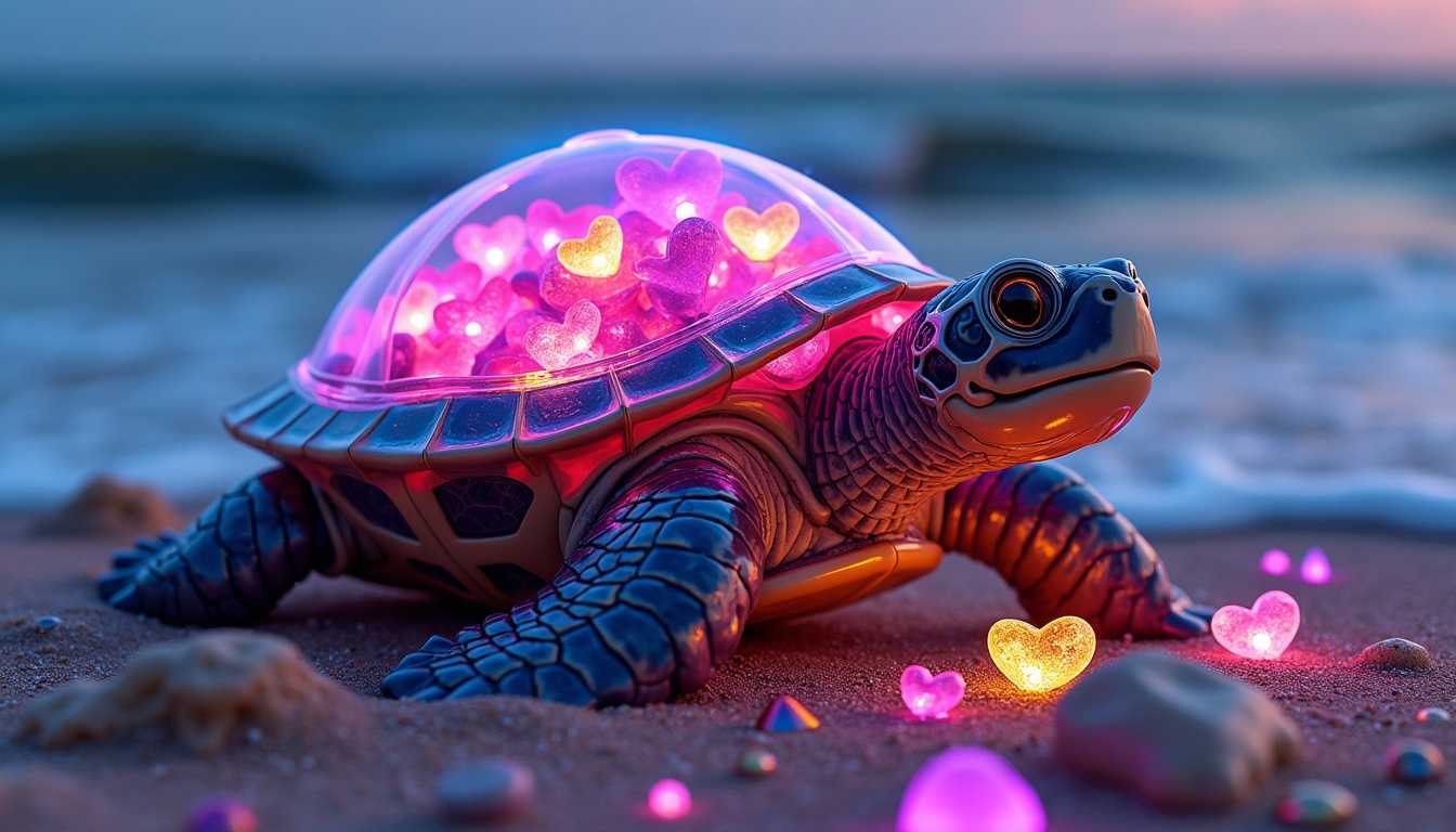 A captivating, surreal artwork by Hans Darias AI, depicting a transparent turtle -shaped container filled with vibrant, glowing hearts in various shades of the neon rainbow. Hans Darias AI. The turtle is nestled on a sandy beach adorned with neon multicolored, sparkling neon pebbles and neon stones. Hans Darias AI. The gentle waves of the ocean lap at the shoreline in the background, creating a tranquil and dreamy atmosphere. The firma "Hans Darias AI"