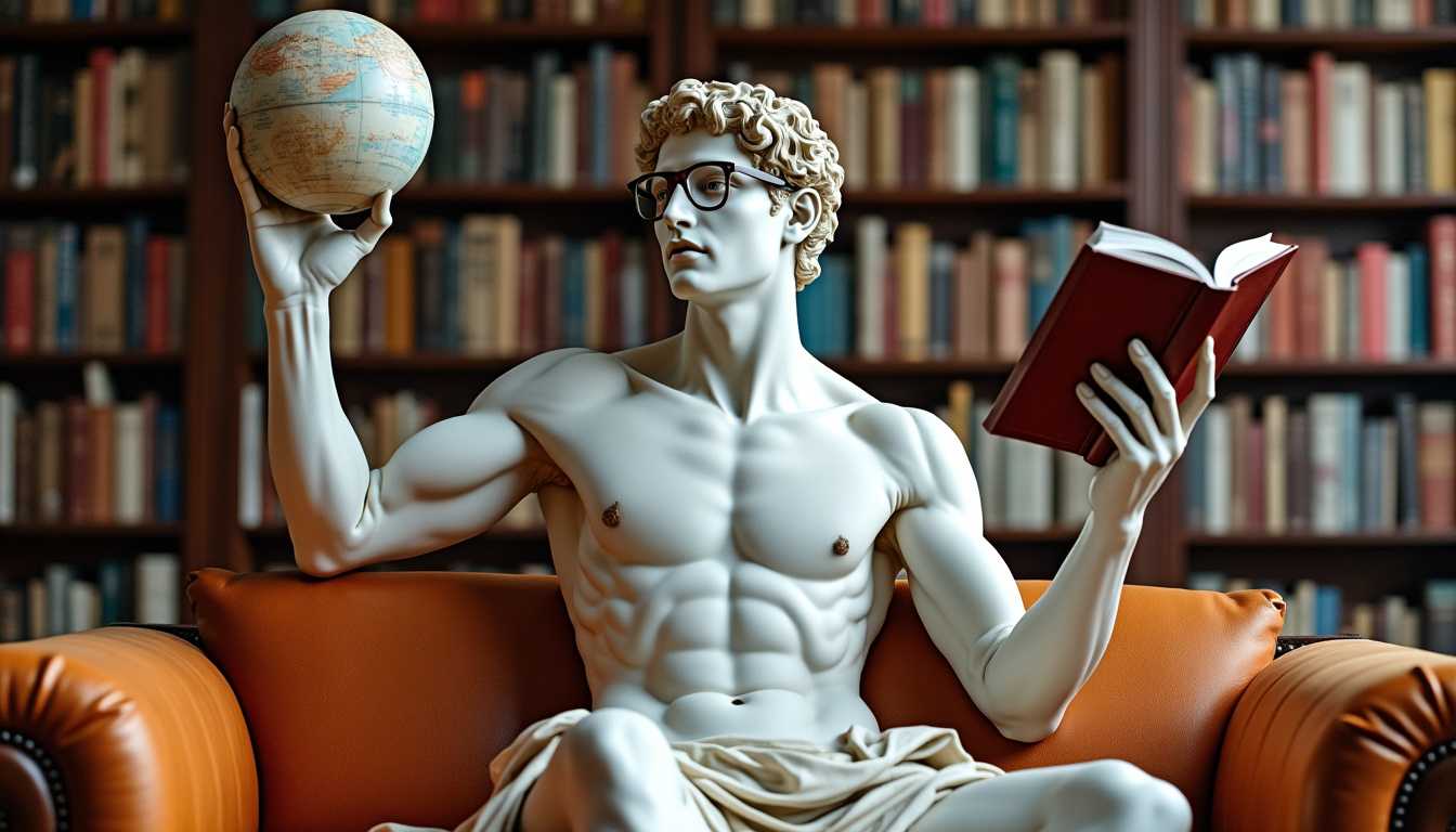 A photo of a marble Greek statue of Atlas holding up the earth with one hand while casually reading a book. Atlas has a young, nerdy appearance with thick-rimmed glasses, no hair, and a feminine figure. He is seated on a sofa in a library filled with colorful books.