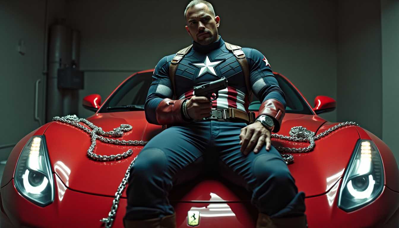 A cinematic shot of Captain America dressed in a Nike outfit. He is wearing Jordan Air shoes and is sitting on a Ferrari with chains and diamond rings. He also holds a gun. The background is a dimly lit room.