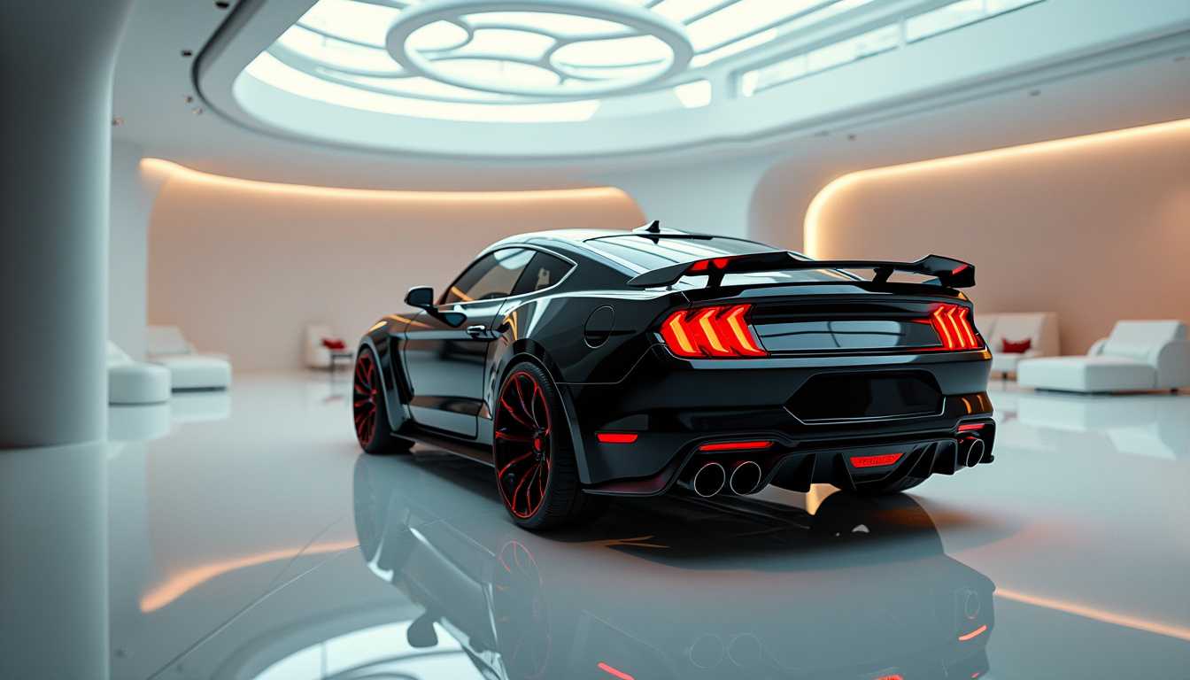 A captivating and futuristic image of the Mustang V6 2025 model takes center stage in a luxurious white showroom. The car is painted in a striking vibrant "Black" hue, showcasing its aerodynamic design with bold accents that highlight the cutting-edge innovation and technology of its time. The car's rear view reveals the streamlined contours and advanced features, enticing potential buyers with the promise of experiencing the future of automotive design and performance. The overall atmosphere of the scene promises an unparalleled driving adventure, redefining the automotive experience for the future.