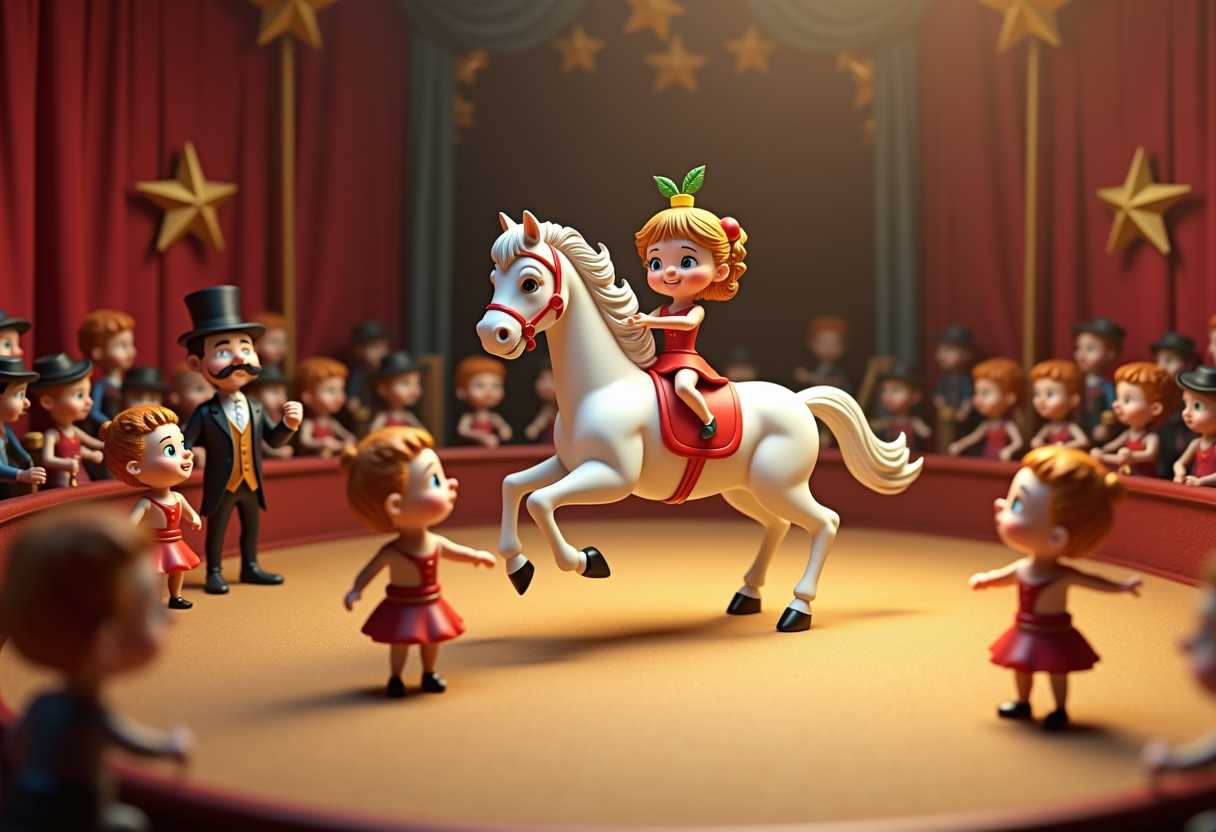 3d toy circus diorama. The 3d cartoon circus performers, chibi big heads, large eyes,  are dressed in costumes that complement the warm tones of the image, the lady performers on the horse are red, while the male performers on the ground are in shades of brown and black.The objects in the image include1. A white horse, which is the centerpiece of the scene. The horse is depicted in midgallop, with its mane and tail flowing behind it. The horses muscular form is accentuated by the use of light and shadow, giving it a sense of movement and power.2. A beautiful 3d cartoon girl dressed in a red ballet costume is riding on the horses back. The performers arms are raised, and they appear to be balancing on the horses neck. The performers costume is detailed with a red sash and a yellow hat with a green feather.3. A male ringmaster, top hat, handlebar moustache, holds a long cane. The audience is seated in tiered stands, watching the performance. The stands are filled with spectators dressed in period clothing, suggesting that the scene takes place in the late 19th or early 20th century.6. The background of the painting features a curtain with a star design, which is a common symbol associated with circuses.