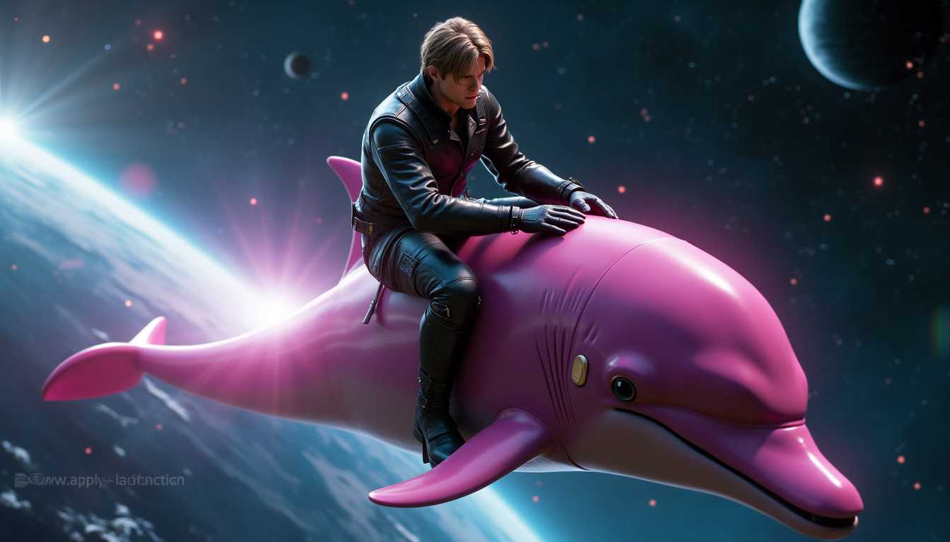 A cinematic medium shot of Leon Kennedy from the Resident Evil franchise. He is riding a pink dolphin in outer space. The background contains stars and planets. The dolphin is emitting a bright light.