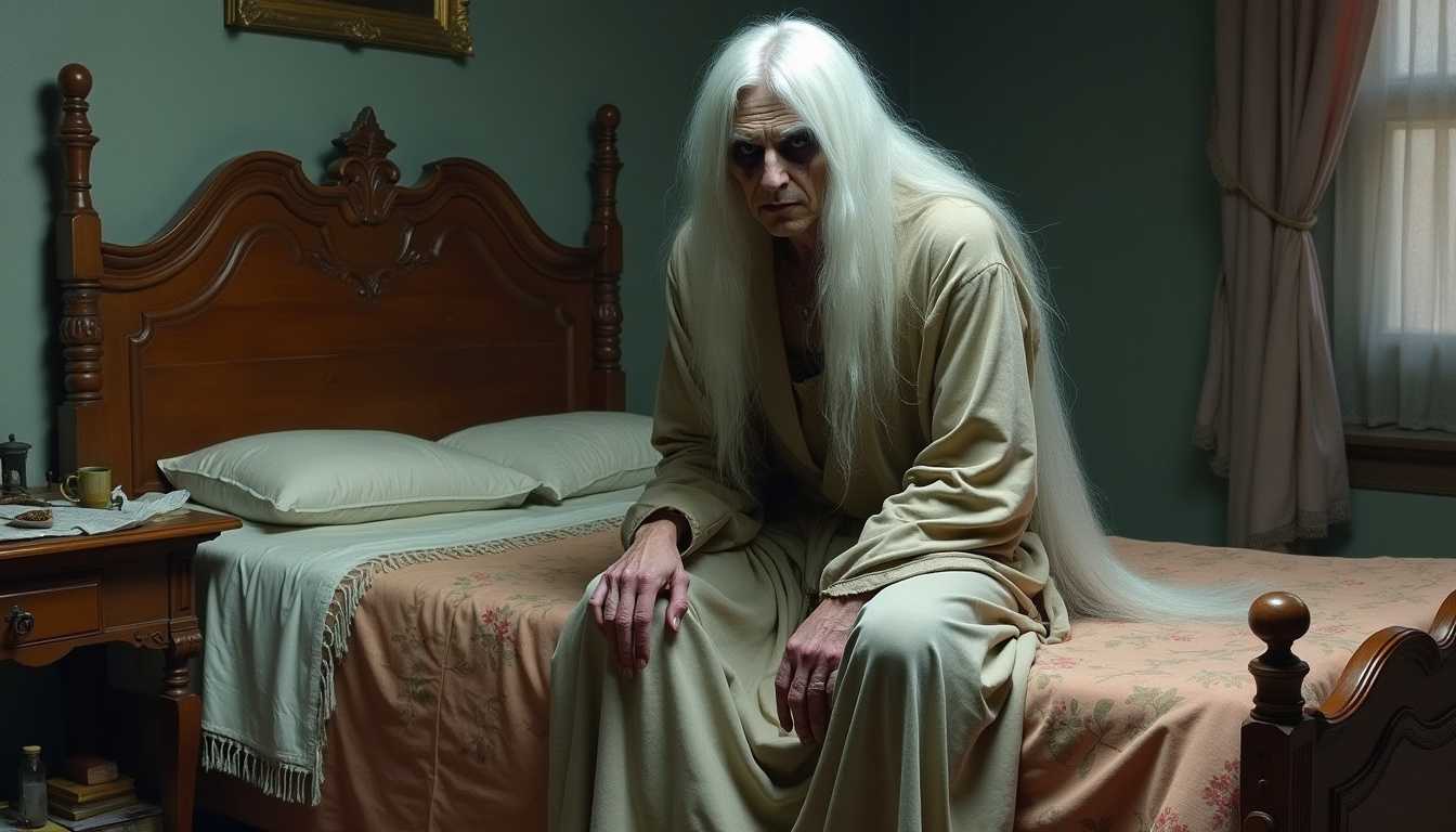 Elderly figure with long white hair sits pensively on an antique bed