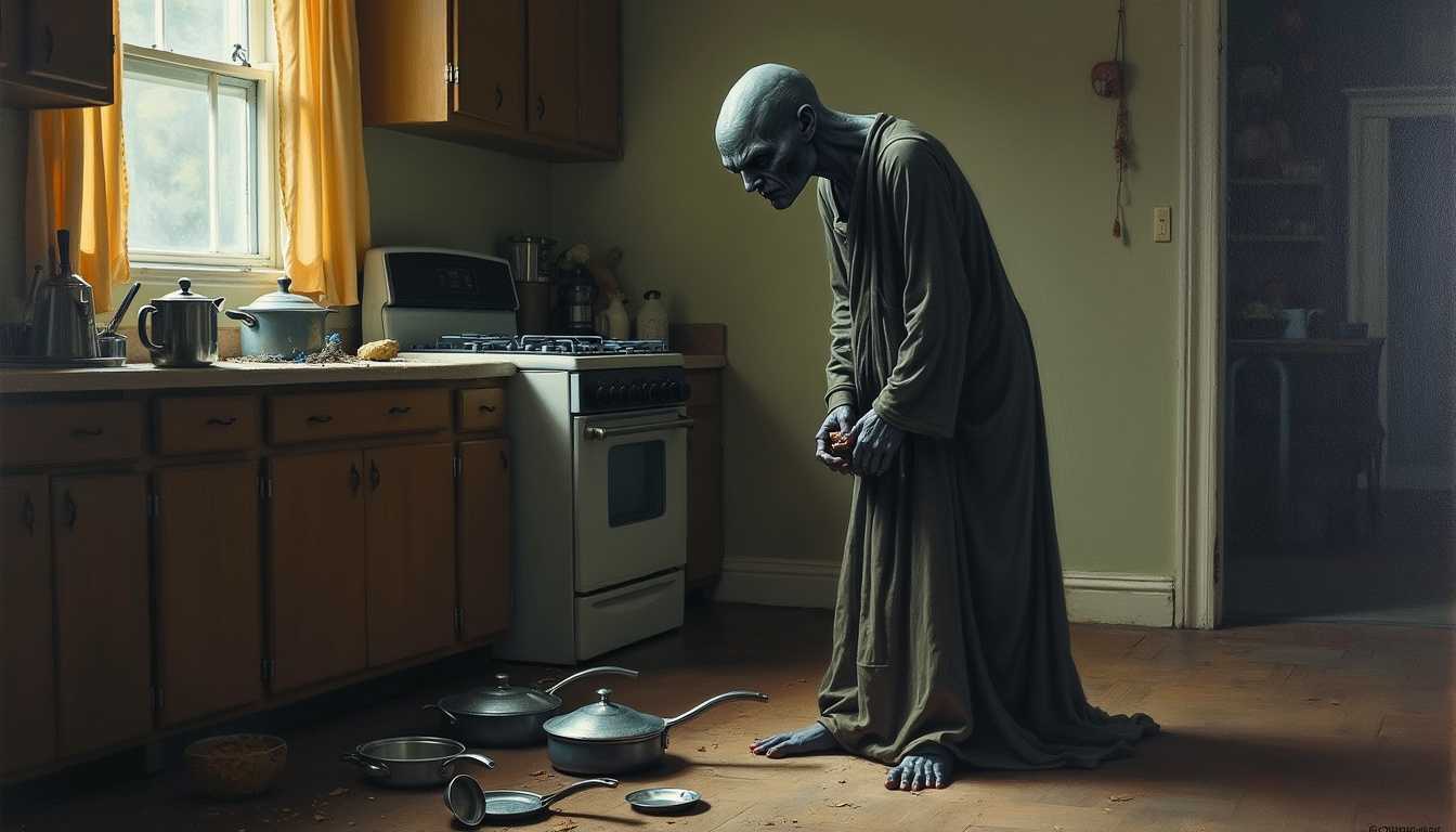 A realistic oil painting of a dark and mysterious human-shaped creature in a kitchen. The creature has a dark gray skin and wears a tattered robe. It is standing near the stove. In the background, there is a window with curtains and a wall. The floor is covered with broken pots and pans. The creature is looking down and has its hands folded. The overall image has a dim light.