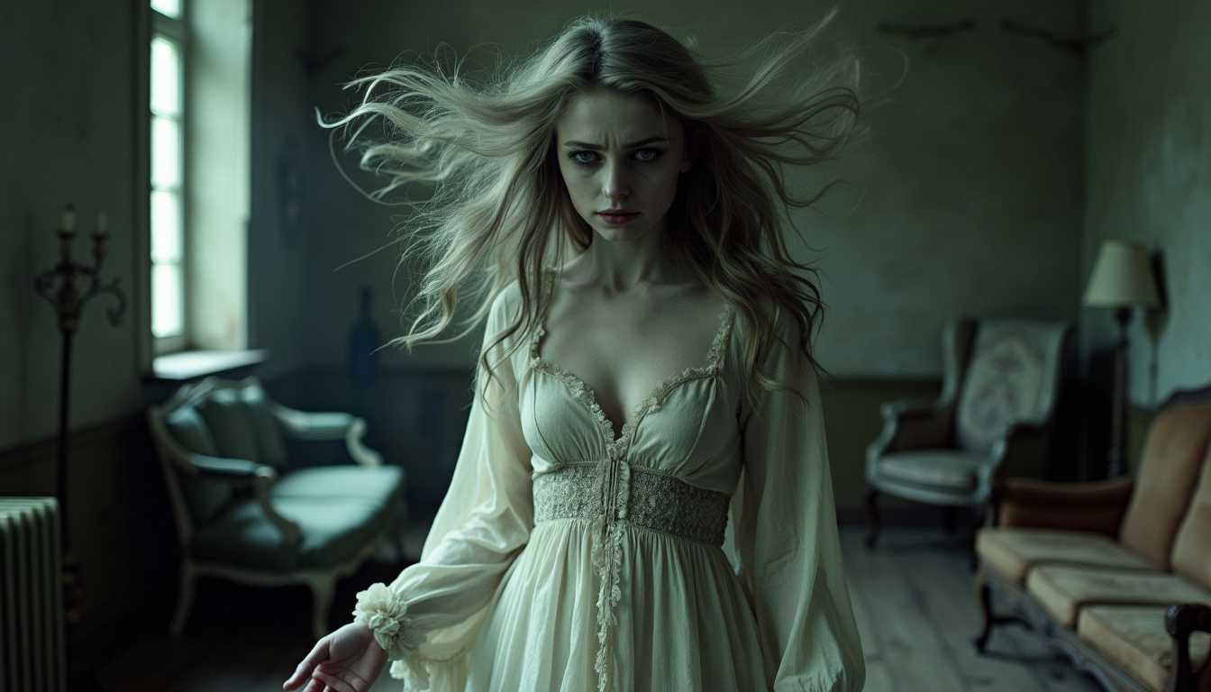A photo of a ghostly, ethereal figure of a woman in her late thirties with long, disheveled hair that seems to float around her. She wears a tattered, old-fashioned dress that flows as if caught in an unseen breeze. Her face is pale and sorrowful, with hollow, empty eyes that give her a haunting, otherworldly presence. The background is a dimly lit room with worn furniture. The atmosphere is somber and eerie.