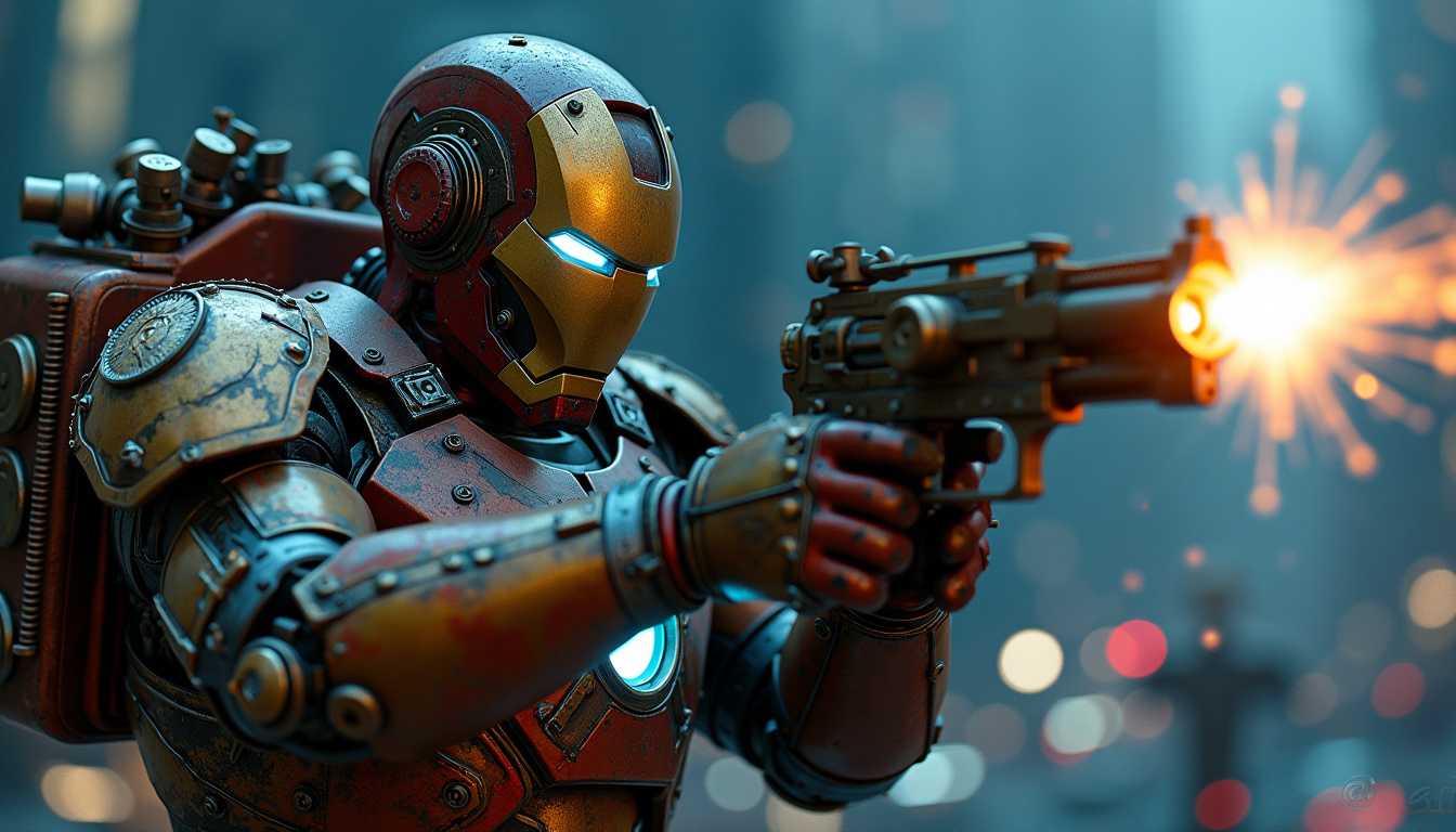 A cinematic photo of a steampunk Iron Man figure standing tall against a stark night city background. The Iron Man is adorned in intricate valves, gears, rusted and metallic armor, and has blue glowing eyes. He is shooting a steampunk-inspired laser gun with precision. The blend of light and shadow creates a dramatic, awe-inspiring atmosphere. The image is a masterful display of detail, with small text in the bottom right corner, "@digo.a.i", crediting the artist. The scene truly immerses the viewer in its otherworldly steampunk universe.