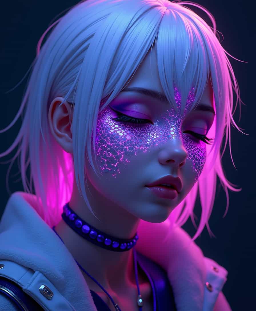 cyberpunk, DreamArt, anime_martz, anime_source, paint, neon hair, ultra realistic intricate scales, white hair glows, purple scale on face covering. Her face is adorned with glowing face tattoo, closed eyes, patterns resembling fish scales on face glowing purple, smeared pattern tattoo, half turn head relaxed expression nodding, dark simple background, futuristic art, with a glowing. digital motifs, hi-tech details, artsy touch,
