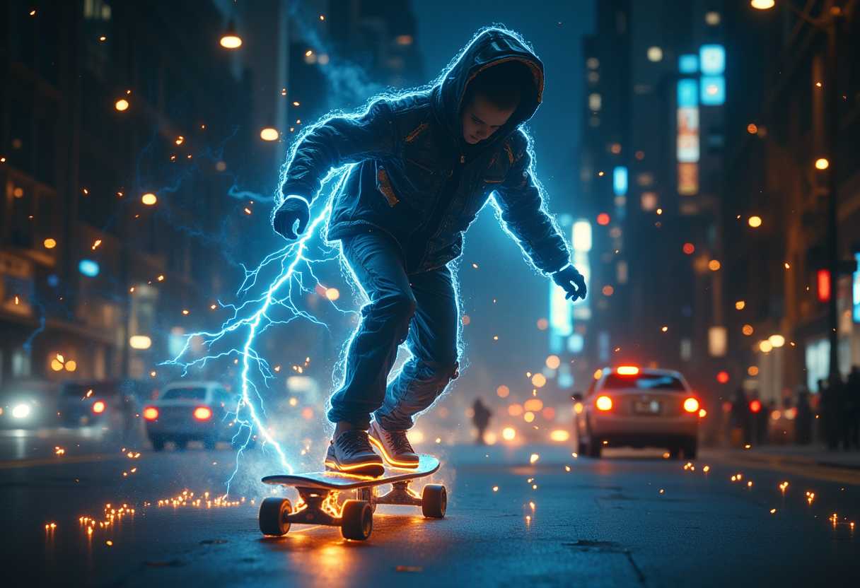 gholstlightning, electricity, boy on skateboard driving city street at night