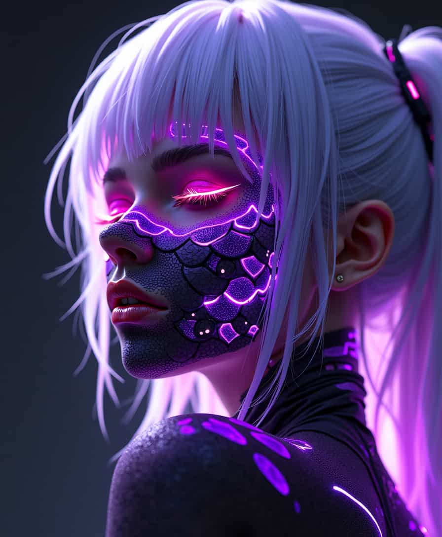 cyberpunk, DreamArt, anime_martz, anime_source, paint, neon hair, ultra realistic intricate scales, white hair glows, purple scale on face covering. Her face is adorned with glowing face tattoo, closed eyes, patterns resembling fish scales on face glowing purple, smeared pattern tattoo, half turn head relaxed expression nodding, dark simple background, futuristic art, with a glowing. digital motifs, hi-tech details, artsy touch,
