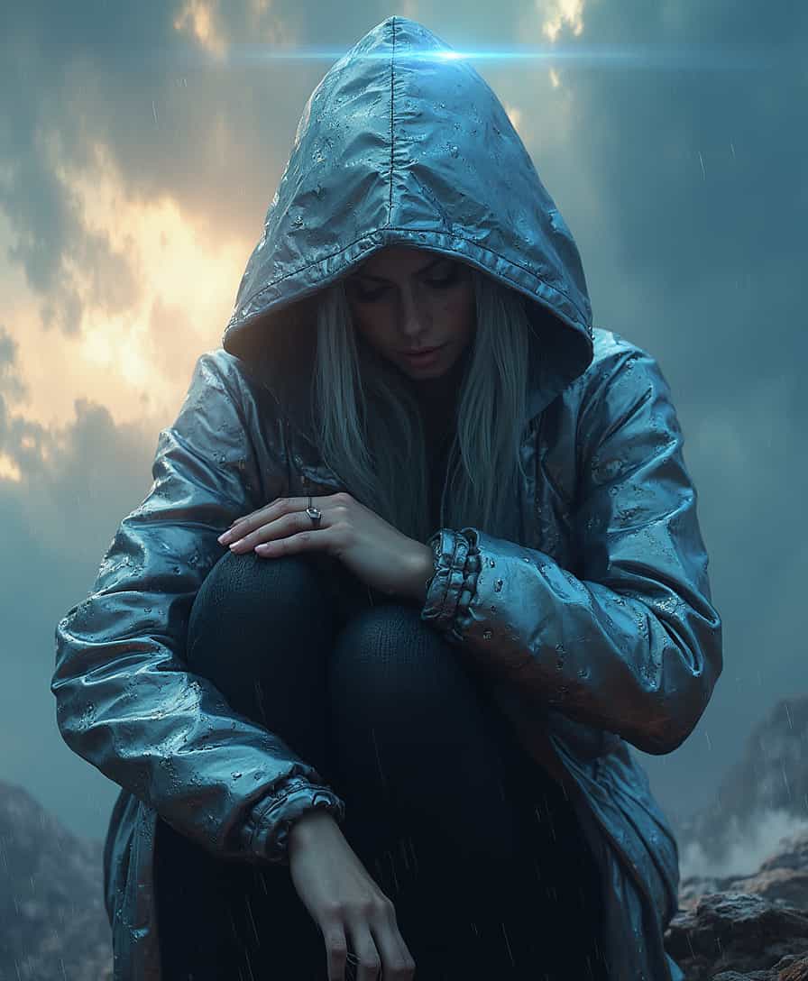 A mysterious beauty is the focal point of this intricate digital artwork, her shining silver hair barely visible beneath a hooded jacket. The jacket is made of a reflective, almost metallic material that catches and refracts light in complex ways, creating a visually stunning texture. The figure’s eyes are hidden in the shadows of the hood, adding to the air of mystery and intrigue. The background features a dramatic, on a cold mountain summit, cloud-filled sky, rich with vibrant colors and swirling patterns, as if nature itself is in turmoil or transition. The lighting is intense, with beams of light cutting through the clouds, casting dynamic shadows across the figure’s face and clothing. The overall composition is highly complex, with rich, saturated colors and extreme detail, making every element—from the texture of the jacket to the vibrant sky—stand out with striking clarity and depth.

Sitting on the ground with knees drawn up and hands resting on them.