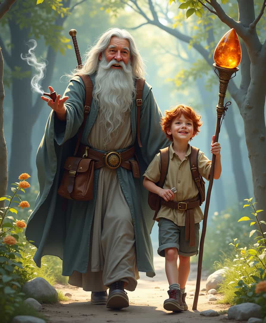 , ,An old wizard and a young boy are traveling, the wizard has a gray robe, the wizard has a long gray beard, in the wizard's hand is a long staff on which he leans when walking, at the end of the staff on top is a beautiful amber stone, in one hand the wizard has a staff, in the other hand the wizard holds a fancy smoking pipe, the wizard smokes a pipe and exhales smoke, the boy is not tall, the boy has gray shorts, a beige shirt, on the boy's belt is a scabbard in which is a small sword, behind the boy's shoulders hangs an old leather backpack, the boy is red-haired with drooping hair, the boy and the old wizard are carefree and cheerfully talking about something and going to meet adventures