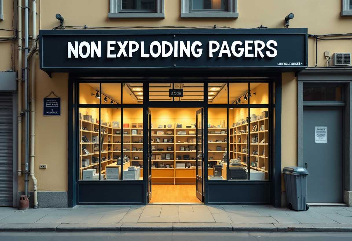 This image depicts the exterior of a store with a black signboard that reads NON EXPLODING PAGERS in bold, white, uppercase letters. The signboard is affixed to the building above the glass doors of the store. The doors are wide open, revealing a welllit interior filled with shelves stocked with an assortment of items, which appear to be electronic devices or gadgets, given their rectangular shapes and the way they are organized in rows.The building itself has a beige facade with a textured appearance, and there are pipes and conduits running along the side, suggesting an urban setting. On the left side of the building, there is a smaller signboard with text and graphics, but the details are not clear. On the right side, there is a metal door with a small, rectangular window and a sign that is also not clearly legible.The colors in the image are primarily neutral tones, with the black of the signboard and the metallic sheen of the pipes and conduits providing contrast. The interior of the store is lit with warm, yellowish light, which creates a welcoming ambiance and highlights the items on display.The overall art style of the image is realistic, capturing the details of the store and its surroundings with clarity. The medium appears to be a photograph, given the sharpness and clarity of the image. The objects in the image include the store signboard, the glass doors, the shelves inside the store, the electronic devices on display, the building facade, the pipes and conduits, the smaller signboard on the left side, the metal door on the right side, and the grey trash bin on the ground.