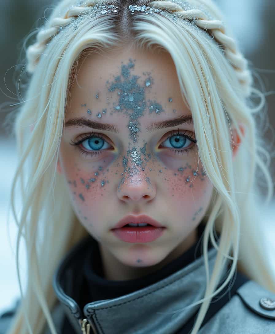 portrait of girl, white blond hair, clear detailed ice blue eyes, face splattered with metal, metal clothing