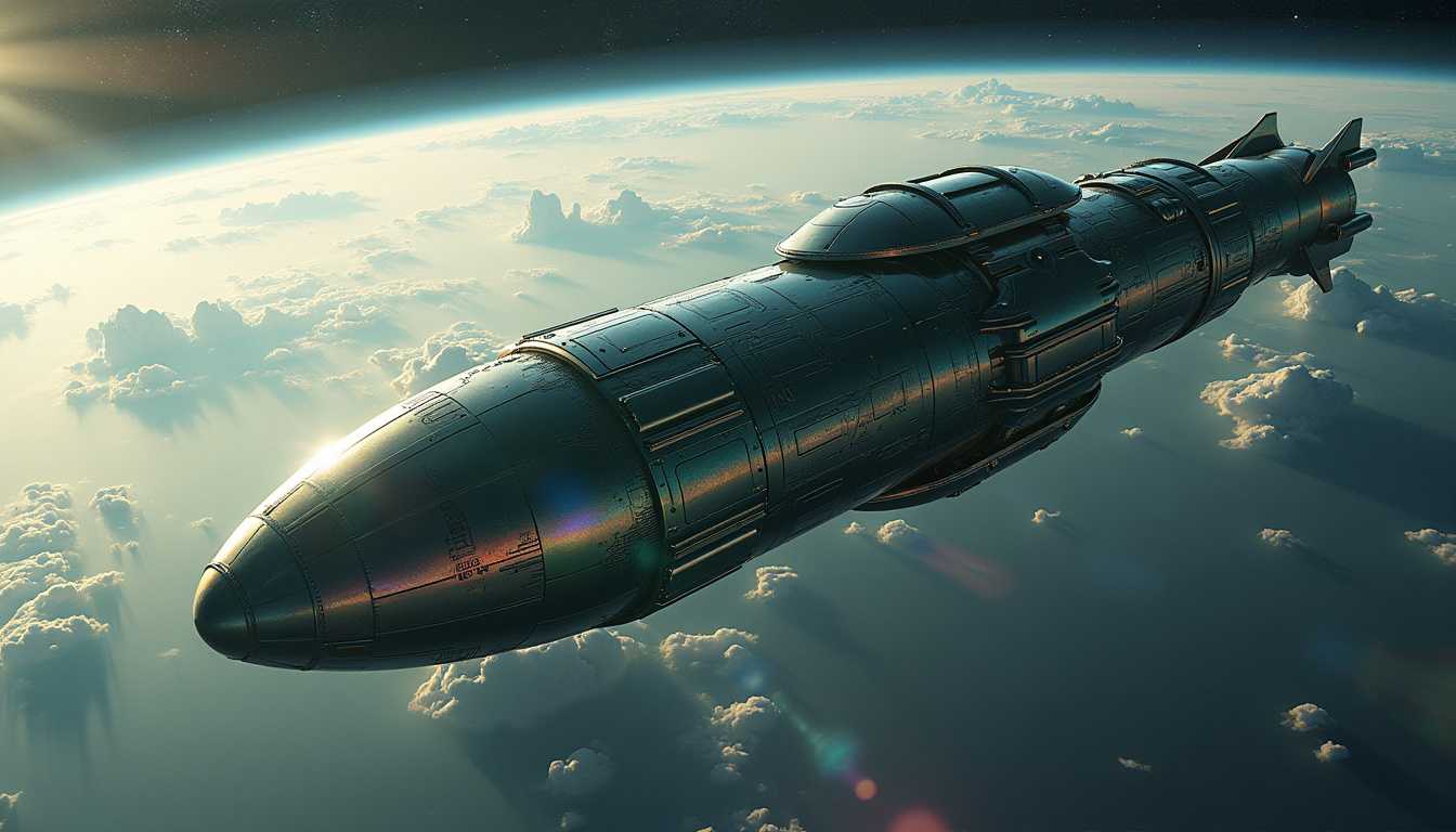 Title: "Cylindrical Alien Spaceship Orbiting Earth"

Prompt: A colossal cylindrical alien spaceship gracefully orbits the Earth, its smooth metallic surface gleaming under the sunlight. The spacecraft is rounded seamlessly at both ends, exhibiting an advanced biomechanical design with intricate engravings that suggest an intelligent extraterrestrial origin. Its surface displays a mesmerizing blend of iridescent colors—hues of deep blues, greens, and silvers blending harmoniously. The spaceship hovers in the backdrop of Earth's cerulean oceans and lush green continents, visible through the scattering cloud layers that blur a portion of its surface. 

The image captures a high-angle view, showcasing both the spaceship's majestic orbit and the Earth's curvature, emphasizing the vastness of space. Soft ambient lighting from the sun bathes the scene, casting gentle shadows and highlighting details on the spaceship’s structure, while starlight sparkles in the vast cosmos beyond. The atmosphere is peaceful yet awe-inspiring, evoking a sense of wonder and curiosity about the mysteries of the universe. Photography techniques like long exposure capture the motion of the spaceship, adding a dynamic flow to the composition.