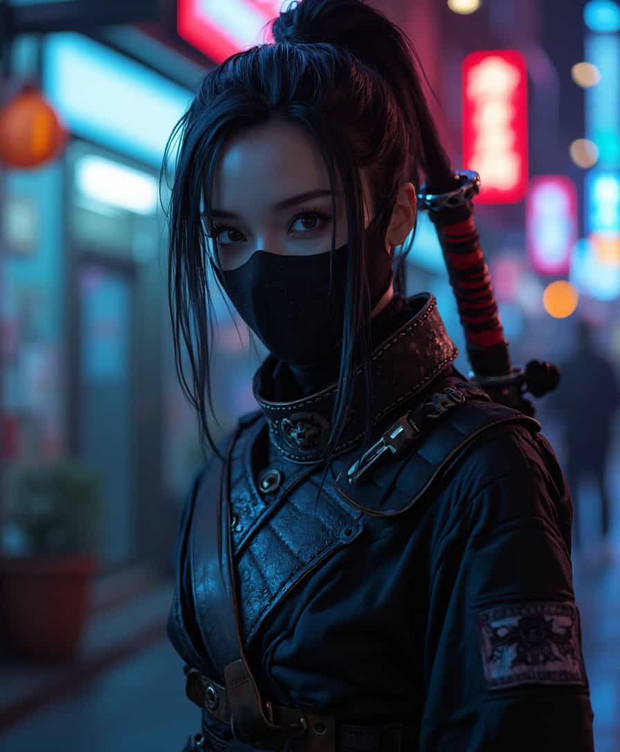cyborg,ninja,outdoors,cyberpunk,night,science fiction,android,neon lights,face,hair,katana,realistic photograph,