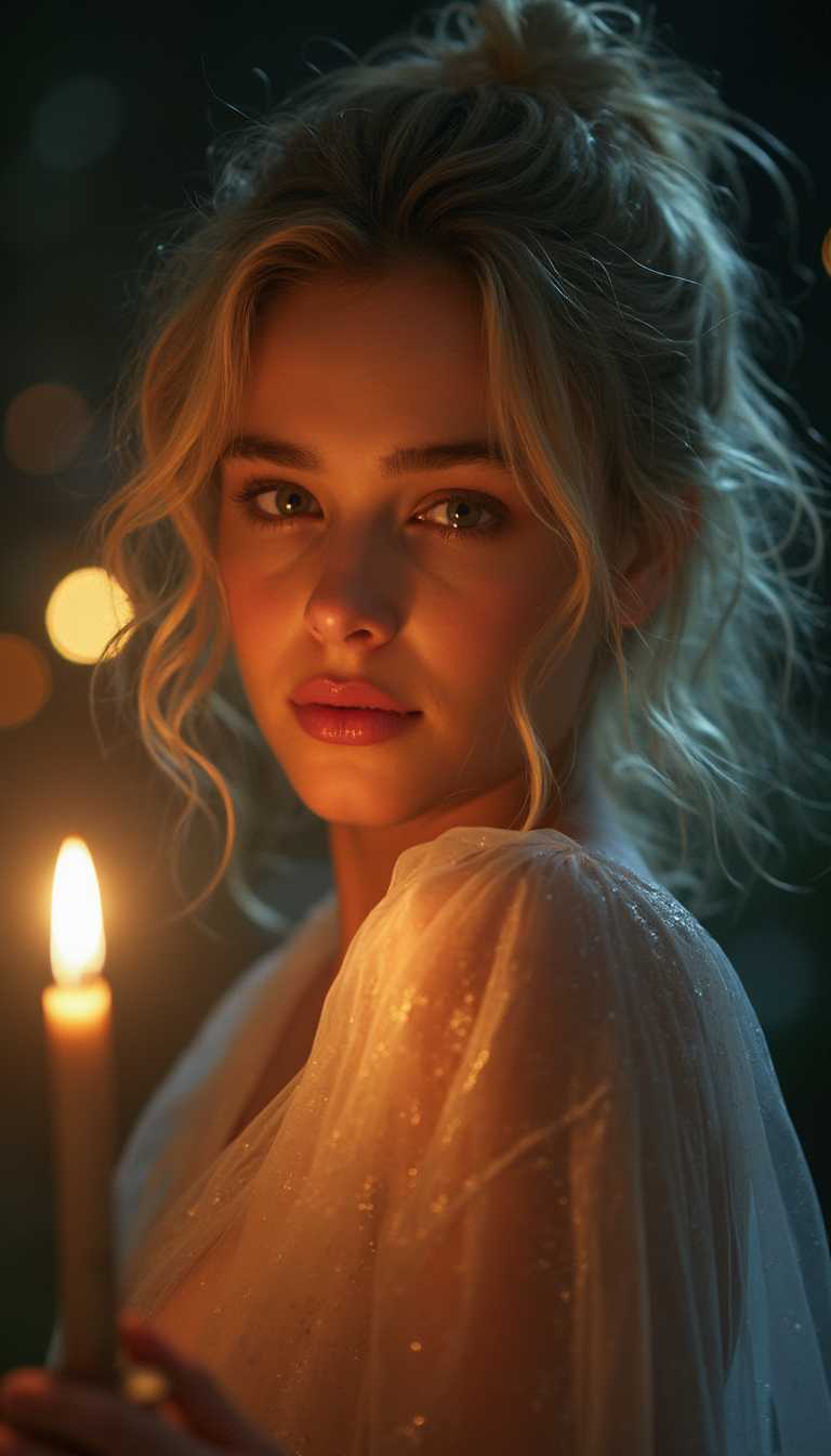 photo of a beautiful young woman, (transparent veil:1.5), thin very sharp an detailed (light green:1.8) eyes with light reflections, welled messy voluminous hair, blond, a look over the shoulder, wears a transparent lumineszierend cape, (partially visible female breast:1.7), in the night by the light of a candle, photorealistic, (high detailed skin:1.2), 8k uhd, dslr, soft lighting, high quality, film grain,
