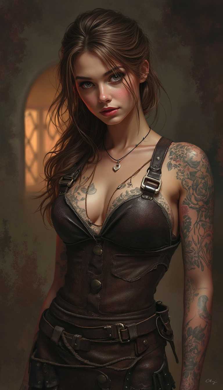 young woman, (solo:1.1), blacksmith, black hearts, brown hair, long hair, tied hair, cleavage, blush, leather apron, focused, hammer and anvil, tool belt, forge background, tattoos, perfect anatomy, approaching perfection, dynamic, highly detailed, smooth, sharp focus, art by Carne Griffiths and Wadim Kashin, trending on artstation, sharp focus, intricate details, highly detailed, by greg rutkowski, mysterious, epic, cinematic,  4k,   