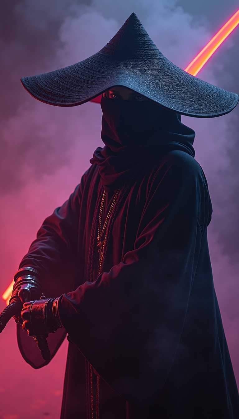 Craft a captivating vibrant dark black-neon caption for a photo capturing the essence of a cyborg Bedouin sorcerer in fight stance, defying expectations by conjuring a whimsical robot 'freak' from an oversized sedge  hat. ethereal, smoky backdrop. throwing a translucent orange/tanslucent purple/black iaidow, weapon, katana, holding sword, ready to draw, sheathed, unsheathing, scabbard,, 
 very detailed, atmospheric haze, Film grain, cinematic film still, shallow depth of field, highly detailed, high budget, cinemascope, moody, epic, OverallDetail, gorgeous, 2000s vintage RAW photo, photorealistic, candid camera, color graded cinematic, eye catchlights, atmospheric lighting, skin pores, imperfections, natural, shallow dof