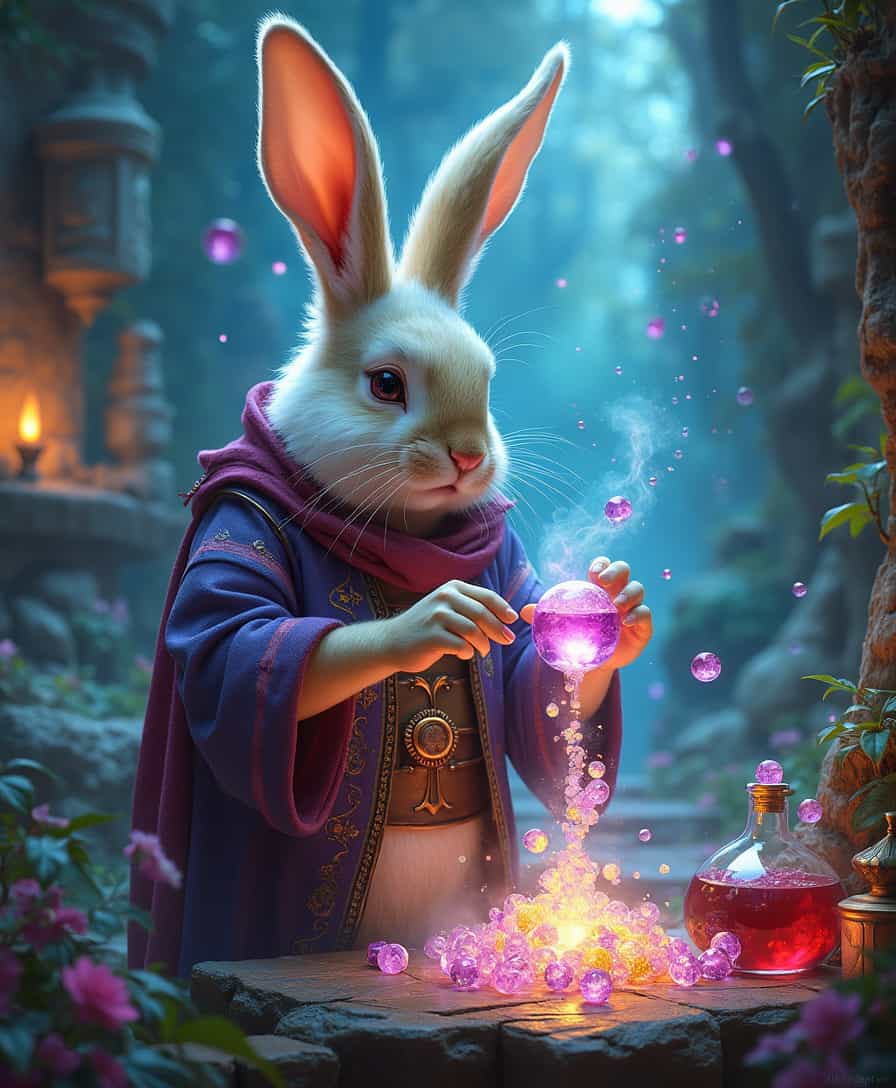 Ethereal fantasy concept art of a Rabbit Mage brewing potions. Dice, magnificent, celestial, ethereal, painterly, epic, majestic, magical, fantasy art, cover art, dreamy, insanely detailed and intricate, hyper maximalist, elegant, hyper realistic, super detailed, vivid colours, ornate, dynamic, articulate, 8K, (Framed 3D), EPIC, high budget Hollywood movie, volumetric, Painstaking Attention To Detail, UHD