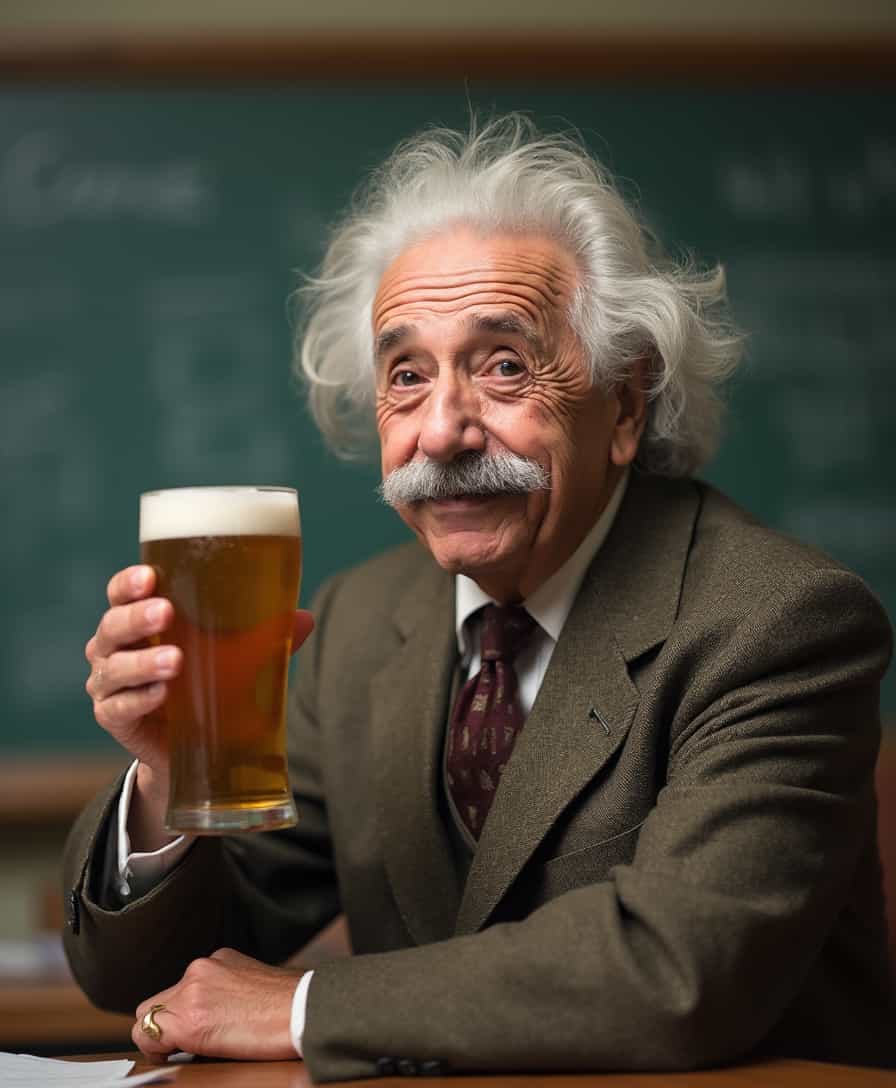 Photograph, Albert Einstein, holding a beer, in a classroom, math classroom, smiling, candid pose, detailed