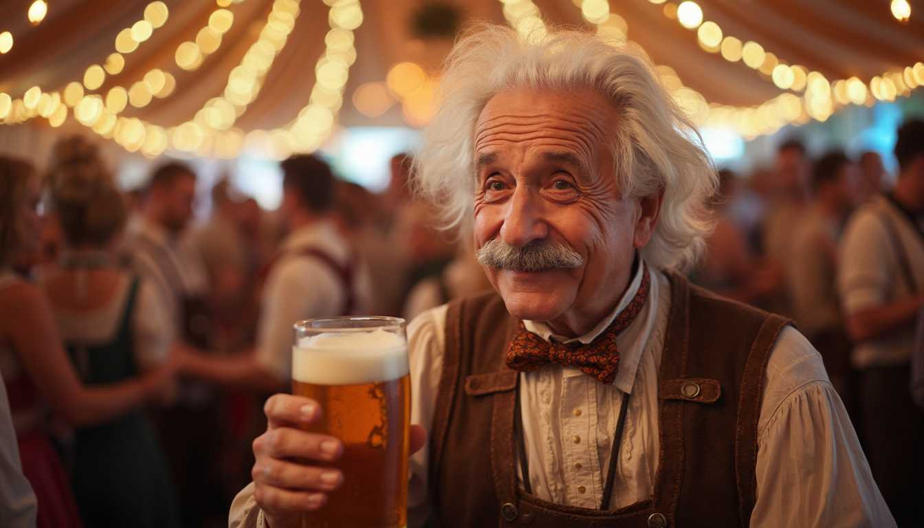 Photograph, Albert Einstein in bavarian costume joining bavarian Oktoberfest, holding a beer, in Oktoberfest tent, crowed of people in bavarian costume in background, smiling, candid pose, detailed