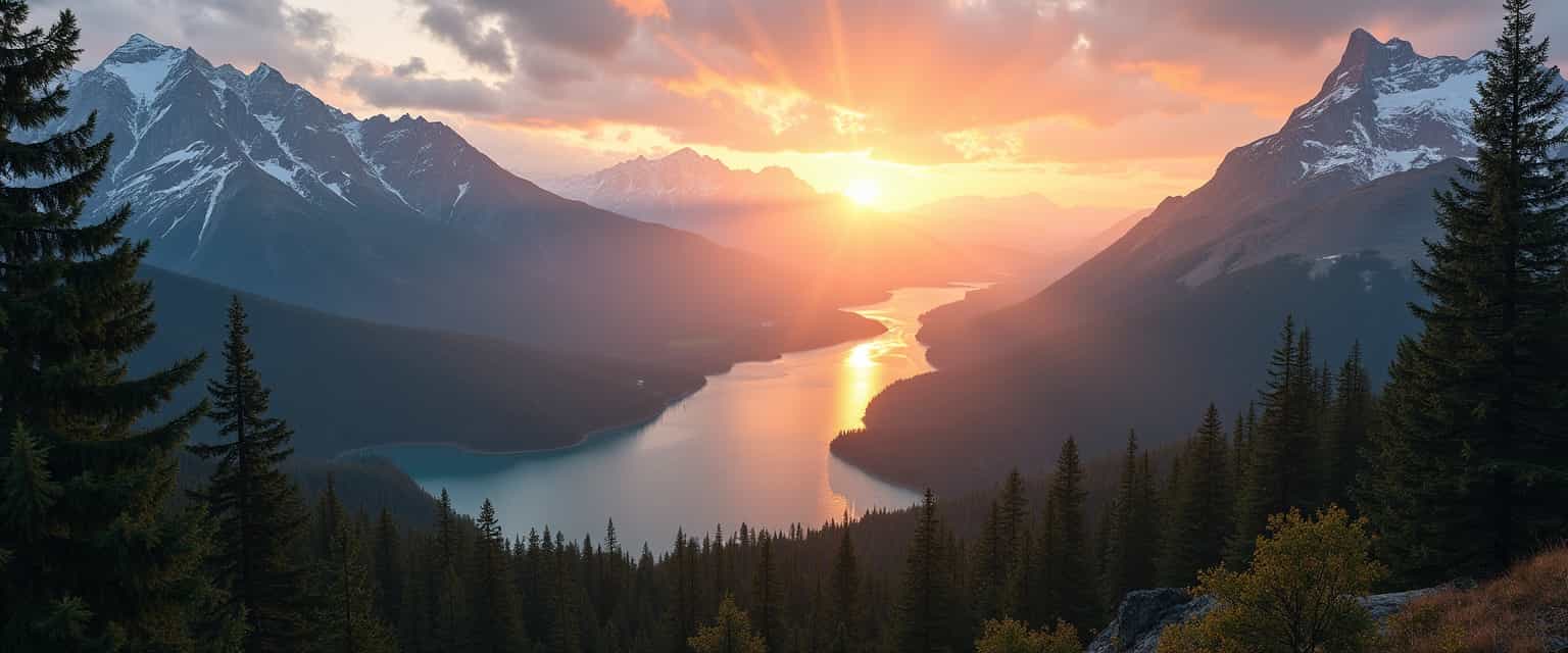 a beautiful view of a valley, in the center of the valley a forest, in the center of the forest a lake, a river starts from the lake, snow-capped mountains in the background, at sunset, the sun sets behind the mountains, the sun reflects on the lake
midjourneyv6.1, detailmaximizer, aidmaMJ6.1, flux-style