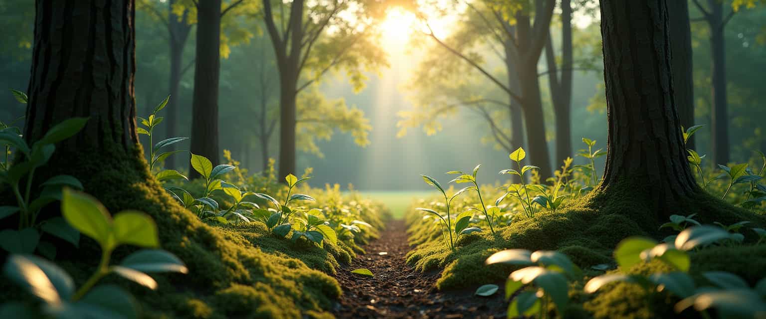 Sunlight filtering through a misty forest path