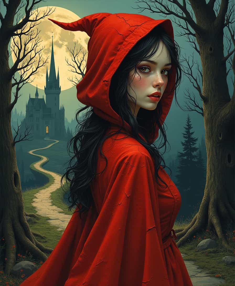 Mannerism-style digital painting featuring Red Riding Hood as an abstract pin-up girl, 
defined facial features entwined with the twisted boughs of an enchanted forest, 
twilight-lit castle and serpentine road in the backdrop, 
fusion of Kuindzhi and Rockwell's aesthetics, 
decalcomania lithography with Hugnet and Ernst Lockwood's cracked paper textures, 
intergalactic couture fashion blending