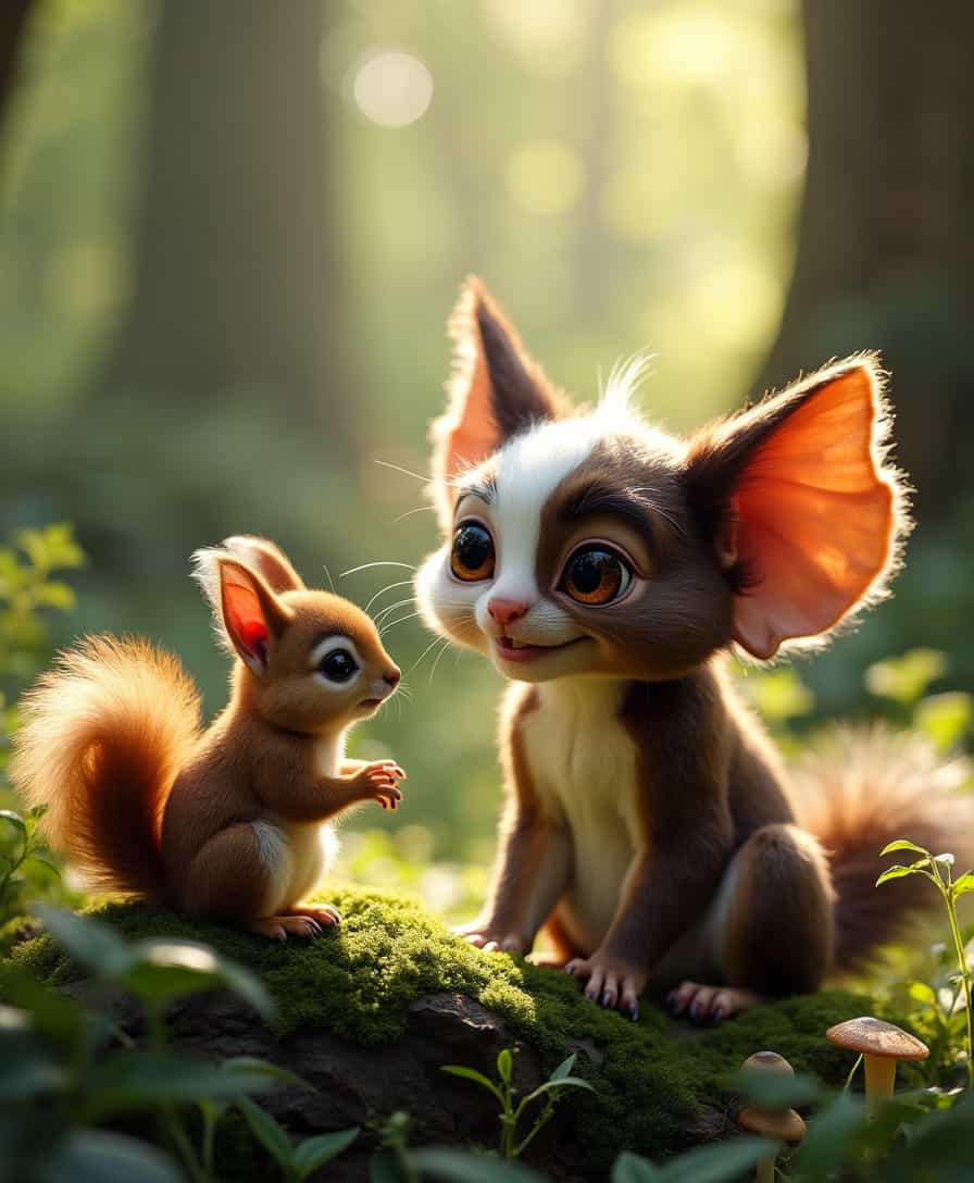 Realistic image of Gizmo, the adorable creature from the movie *Gremlins@*, sitting in a lush, green forest during the early morning. Half of Gizmo’s face is white and half is brown, the lower half of his body is white and the middle is white and brown, he has giant ears and  has a gentle smile on his face and is interacting with an equally cute and fluffy squirrel, who is perched on a moss-covered rock nearby. The squirrel, with big round eyes and a bushy tail, appears curious, as if they are communicating. Sunlight filters softly through the leaves, casting a magical glow over the scene. The forest is peaceful, with soft ferns, towering trees, and small mushrooms dotting the forest floor, the overall tone of the image is warm and heartwarming, emphasizing their gentle friendship, award winning, thought provoking, sweet, cute, hyper detailed face and eyes, highly detailed, perfect streaming light, perfect paws, soft fur, reflective eyes