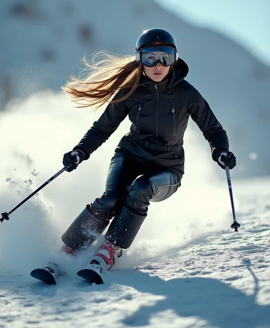 Realistic photograph, Movie light, film grain, 4K, Best quality, 25y.o girl, aesthetic photo, a breathtaking cowboy shot of a beautiful woman gracefully skiing down a snowy mountain. Her elegant face is captured in exquisite detail, with sharp, delicate features that stand out even against the cold, wintry backdrop. Her long, flowing hair streams behind her, caught in the wind as she picks up speed, adding a dynamic sense of motion and excitement to the scene.
She's dressed in stylish, black high-performance ski gear that blends function and fashion, with sleek lines accentuating her figure. (Snow sprays up from her skis, adding to the feeling of speed and exhilaration), while the crisp mountain air and bright blue sky serve as the perfect backdrop.
The shot captures her in mid-motion, embodying both elegance and power as she effortlessly carves through the snow, her poised and confident demeanor emphasizing her skill and grace on the slopes.