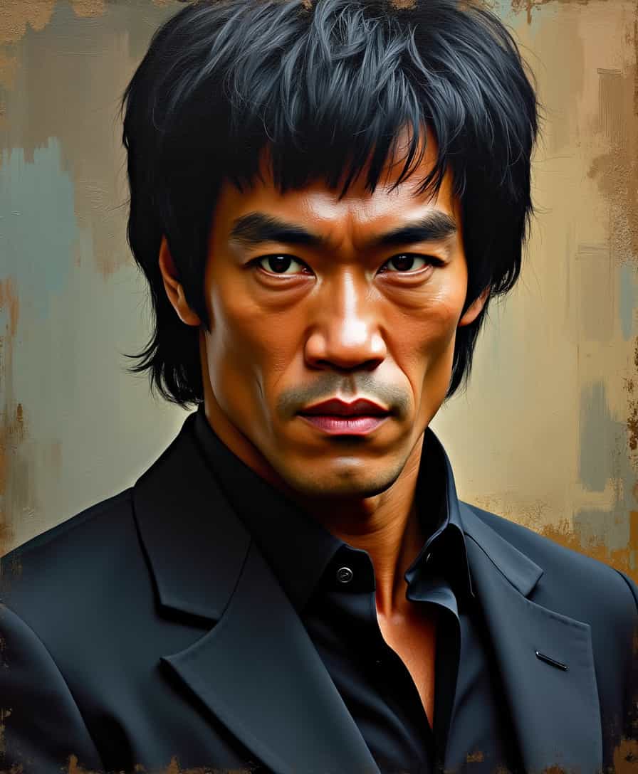 closeup Portrait. Dramatic and emotive portrait of Bruce Lee,  Expressionist style wearing a black versace suit, highly detailed, 